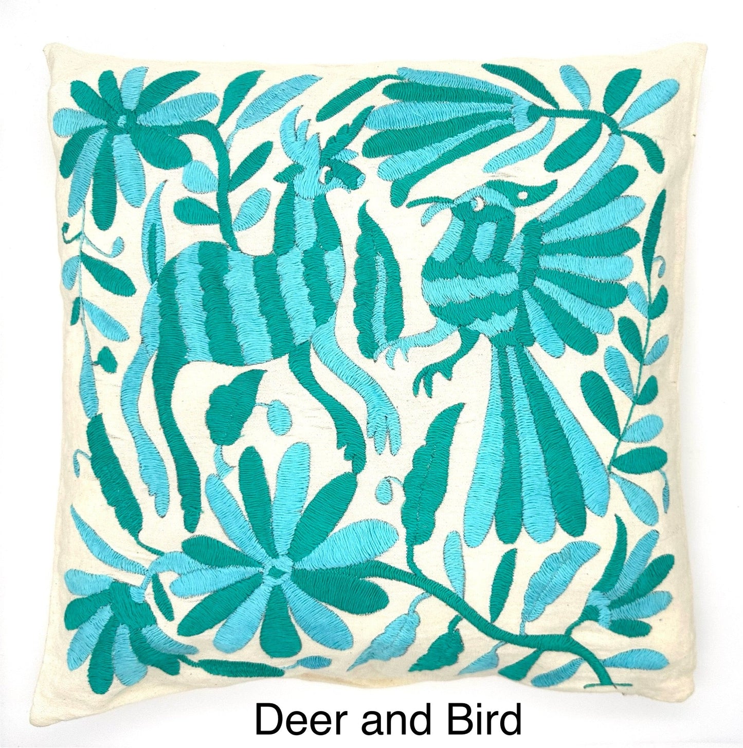 Mexican Otomi Embroidered Cushion Cover – Handmade Tenango Textile – Aqua & Green (45x45cm)