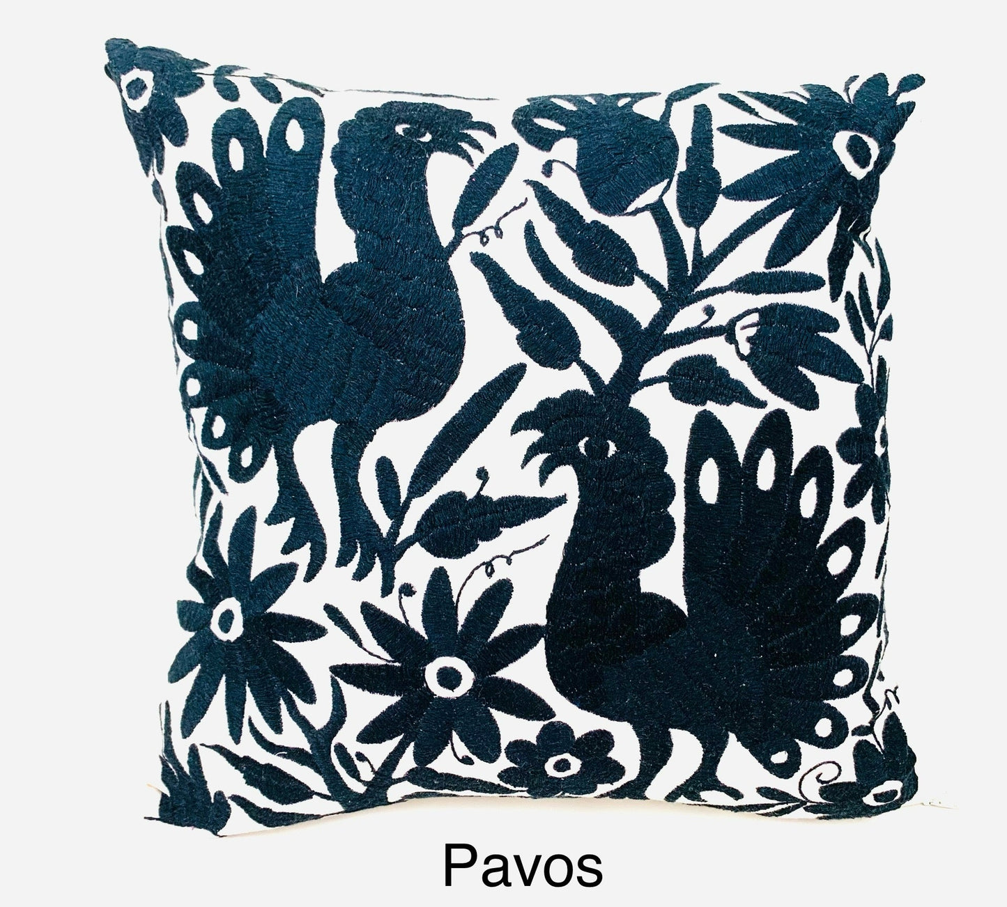 Mexican Otomi Embroidered Cushion Cover – Handmade Tenango Textile – Black (45x45cm)