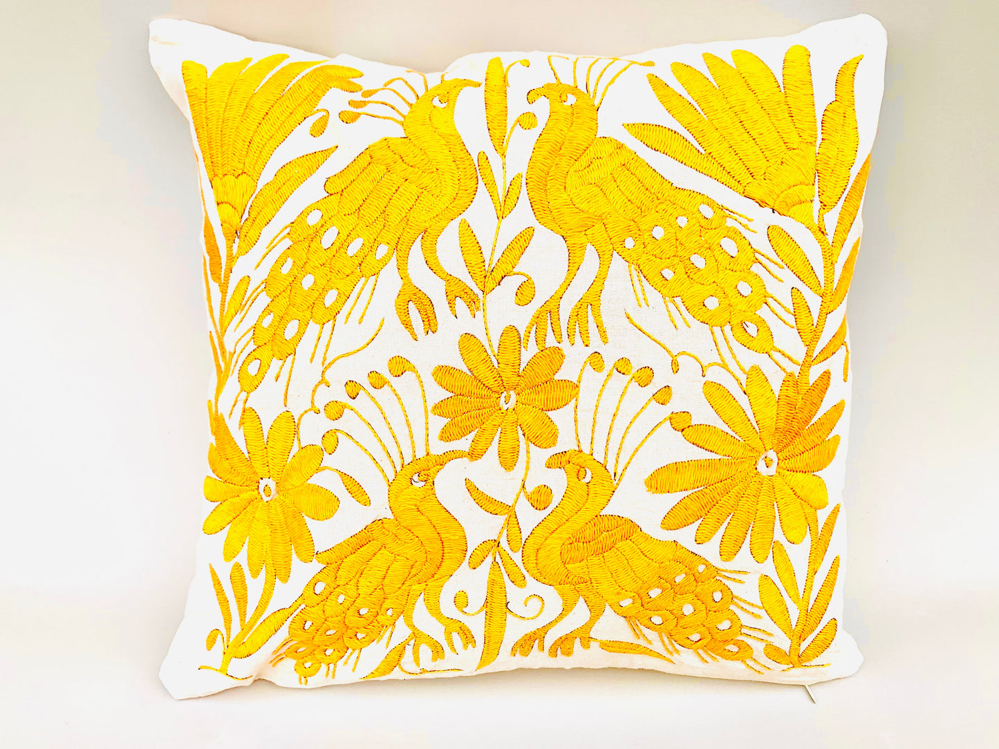 Mexican Otomi Embroidered Cushion Cover – Handmade Tenango Textile – Gold (45x45cm)