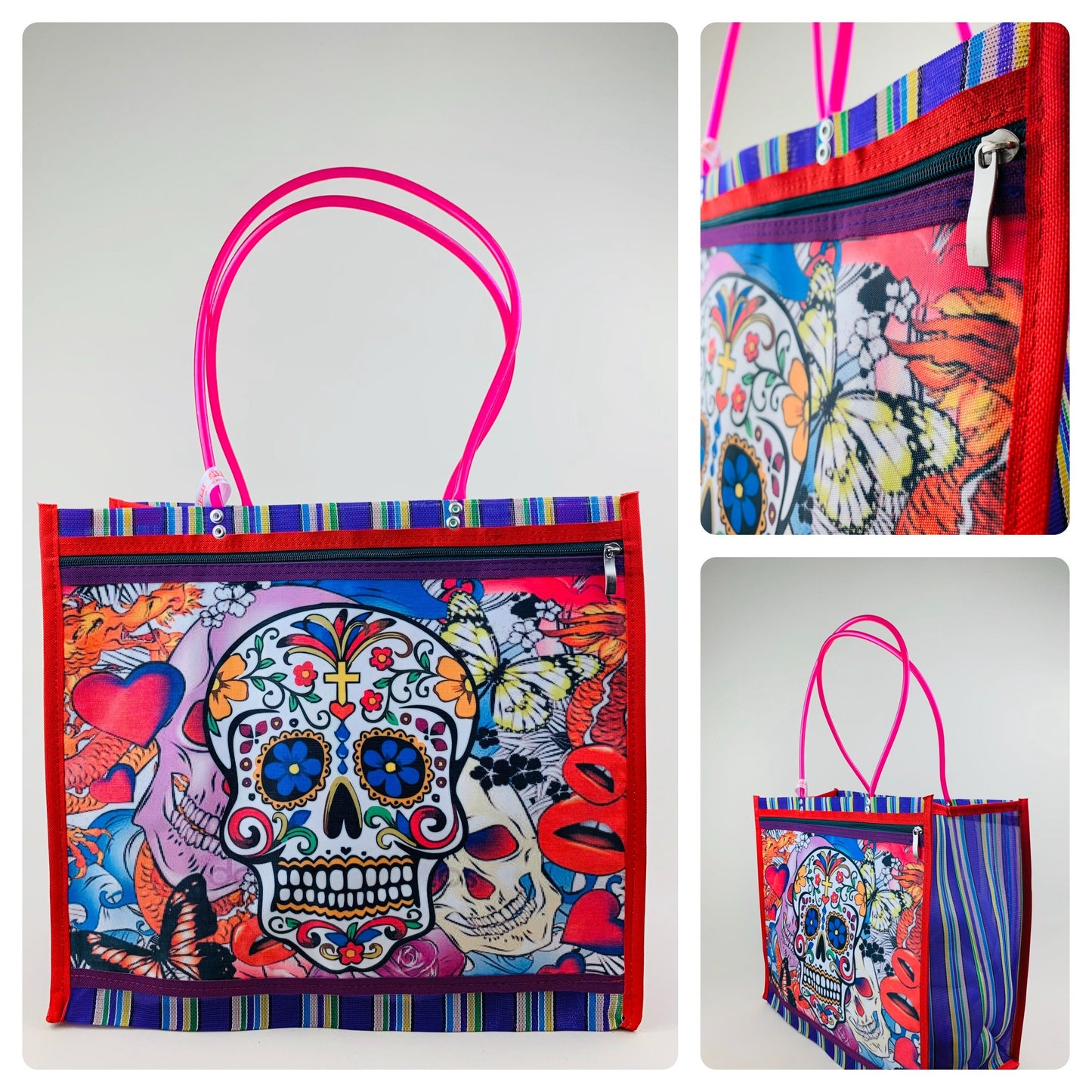 Mexican Woven Market Tote Bag – Frida Kahlo Folk Art Beach & Shopping Bag with Zip Pocket
