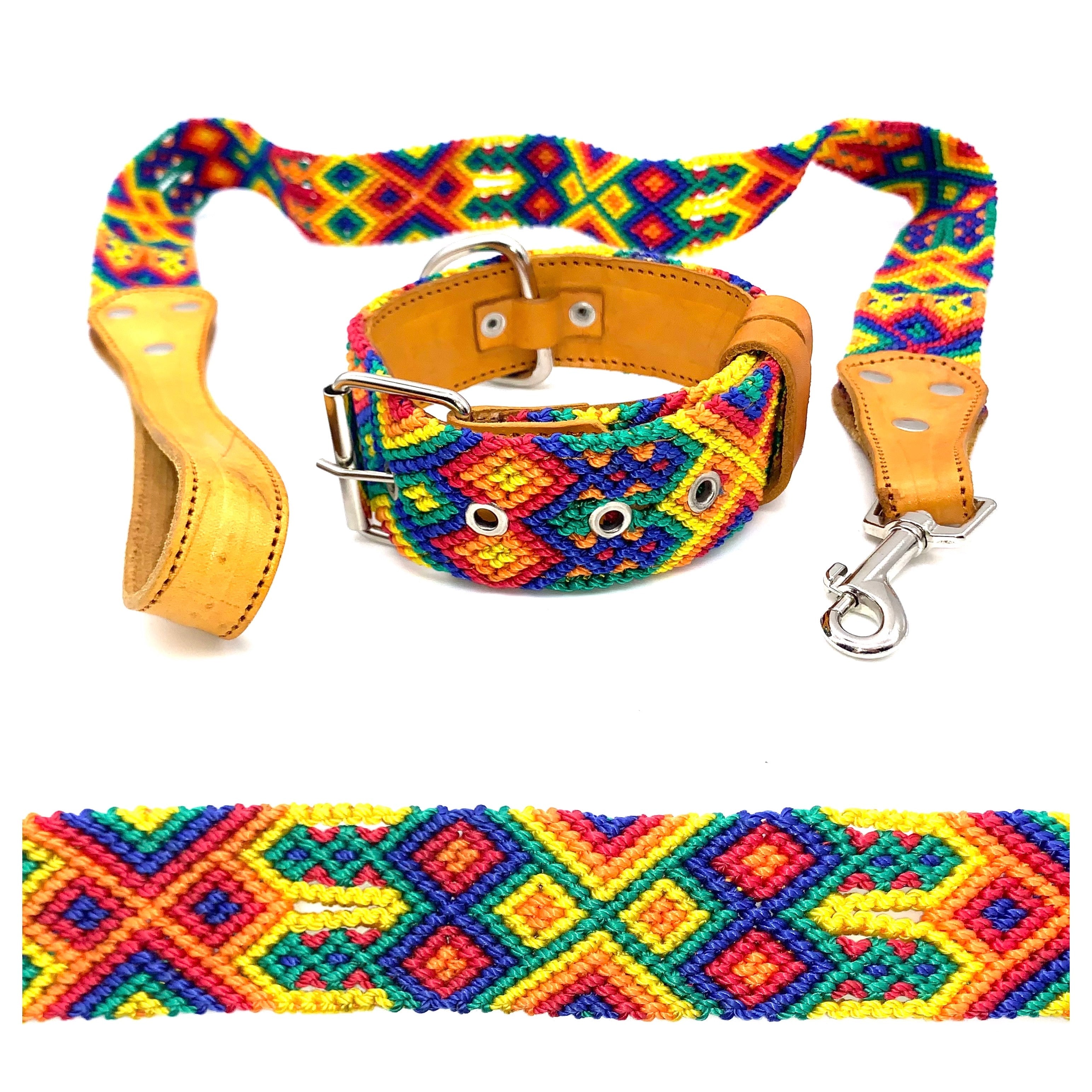 50cm Hand Made Embroidered Leather Mexican Dog Collar and Lead S (35-43cm neck)