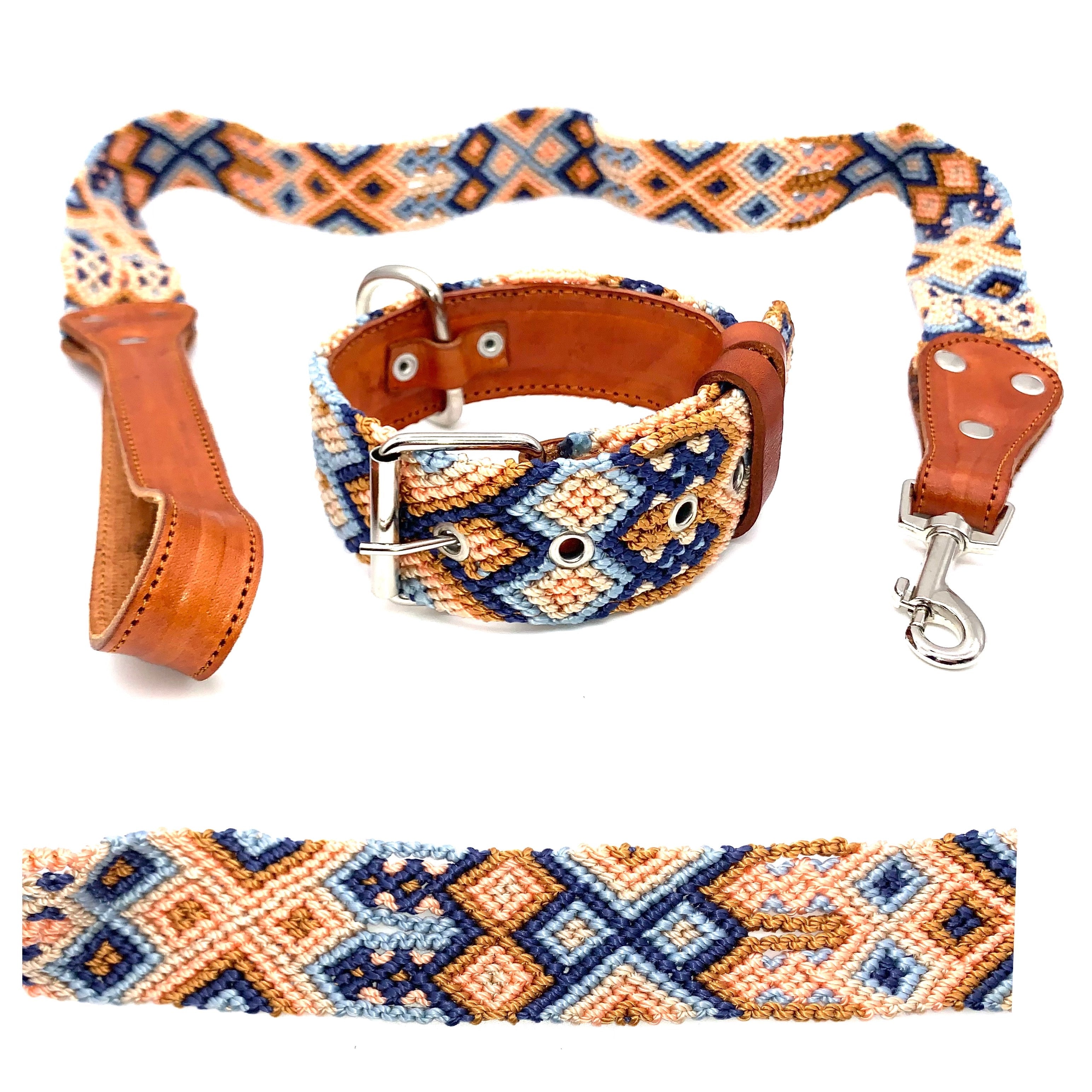 50cm Hand Made Embroidered Leather Mexican Dog Collar and Lead S (35-43cm neck)