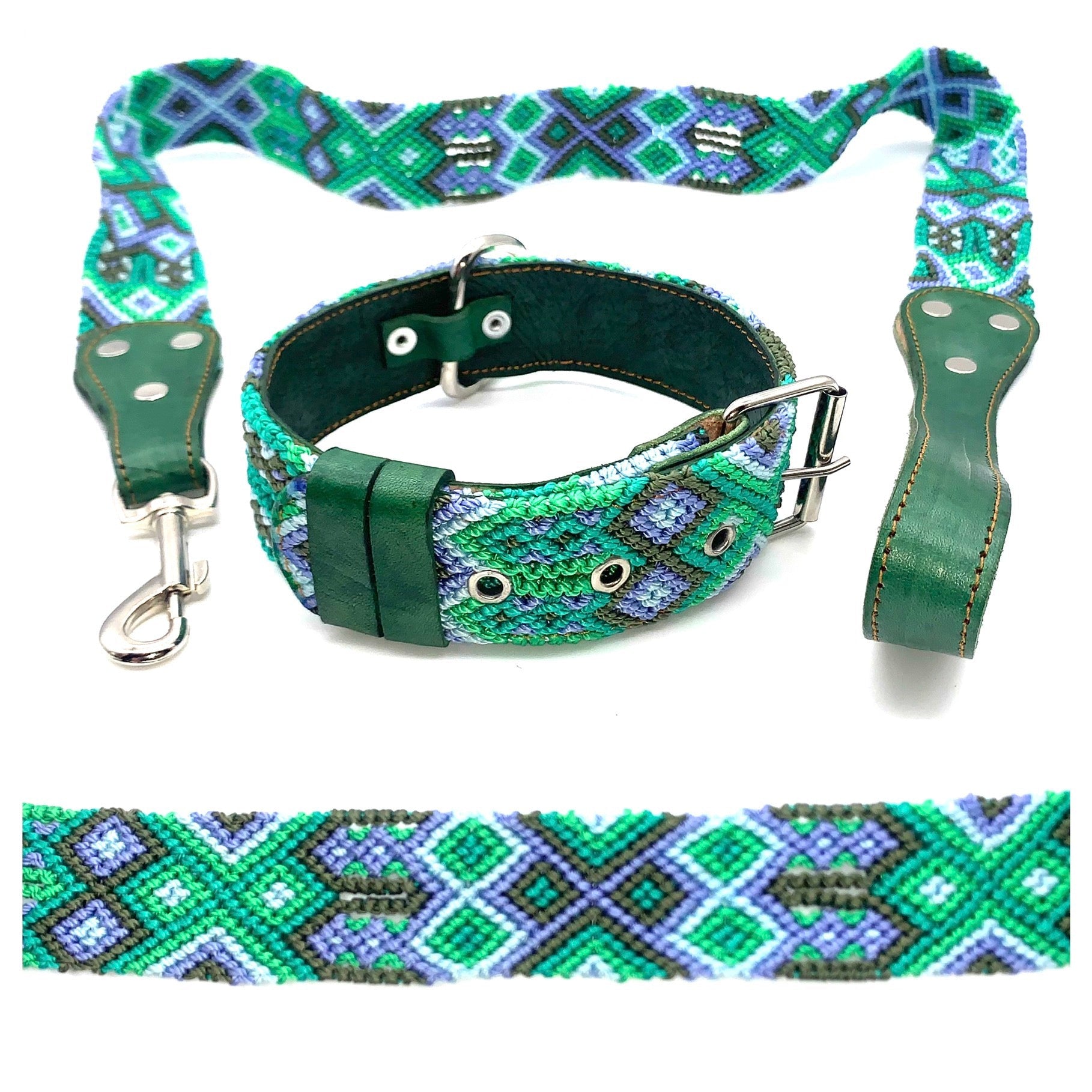 55cm Hand Made Embroidered Leather Mexican Dog Collar and Lead S/M (39cm-47cm neck)