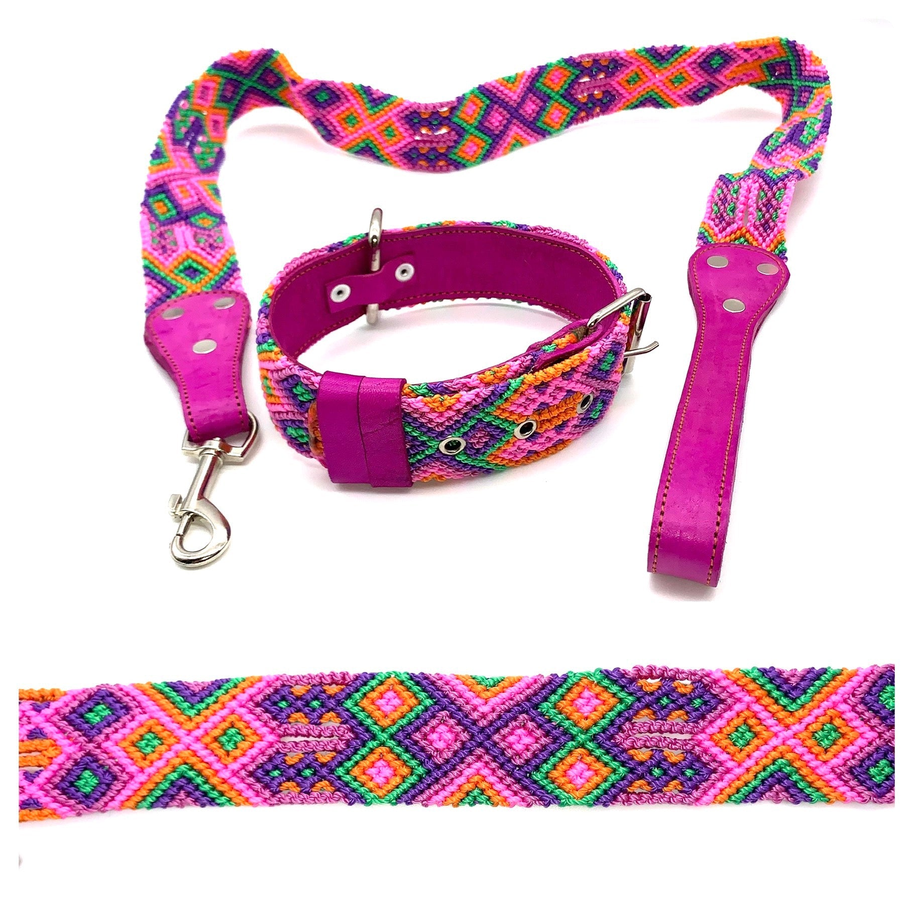 55cm Hand Made Embroidered Leather Mexican Dog Collar and Lead S/M (39cm-47cm neck)