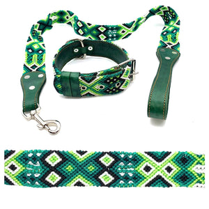 55cm Hand Made Embroidered Leather Mexican Dog Collar and Lead S/M (39cm-47cm neck)