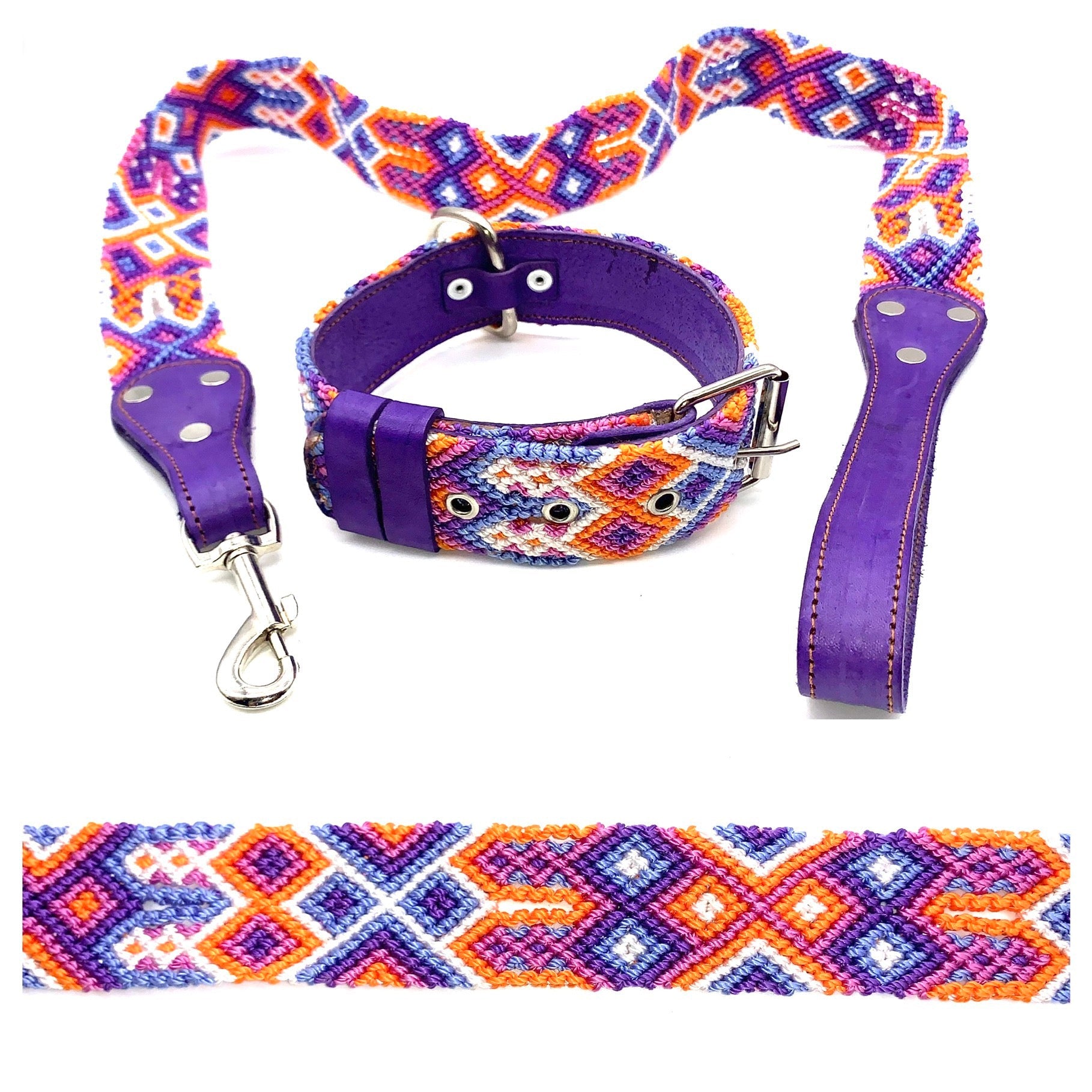 55cm Hand Made Embroidered Leather Mexican Dog Collar and Lead S/M (39cm-47cm neck)