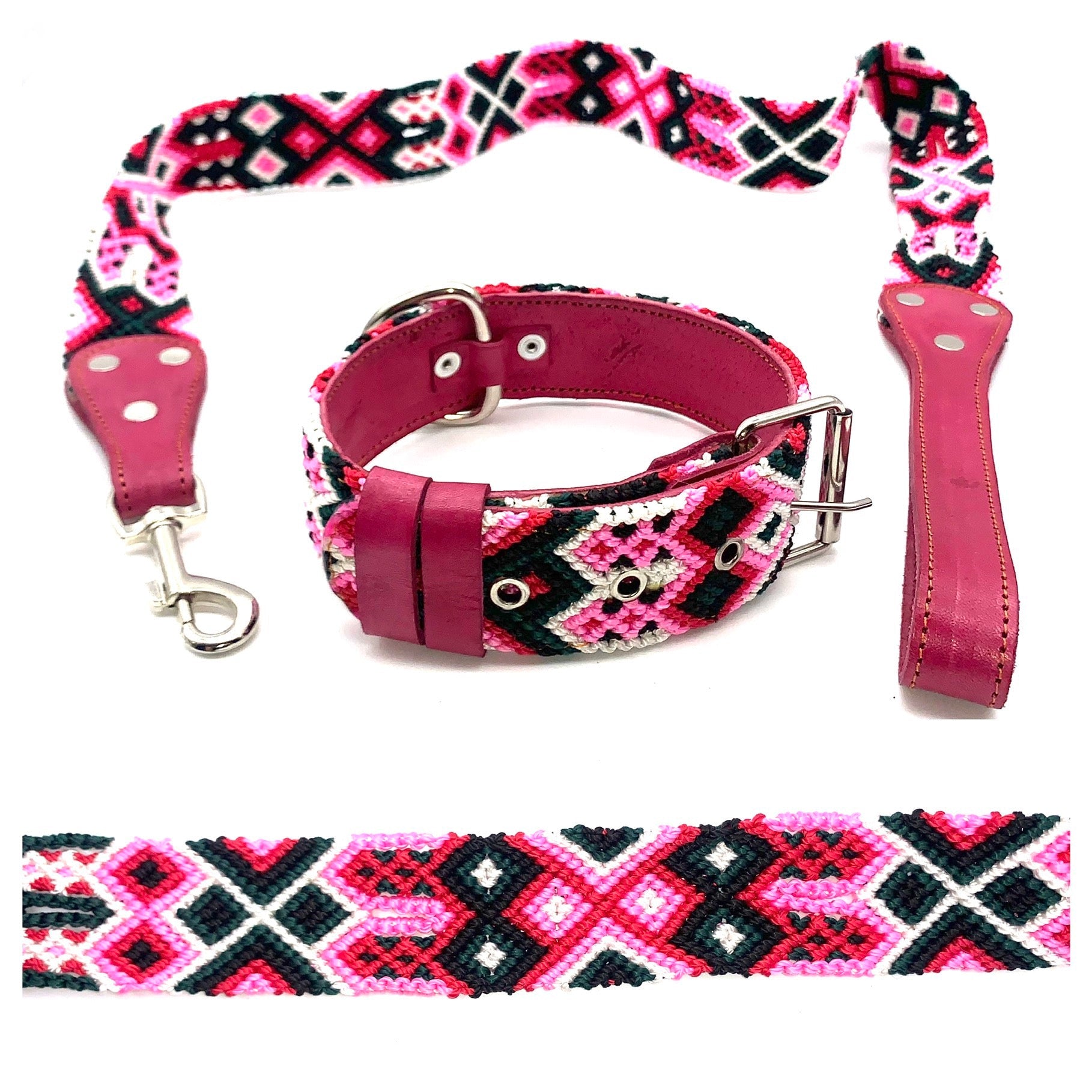 55cm Hand Made Embroidered Leather Mexican Dog Collar and Lead S/M (39cm-47cm neck)