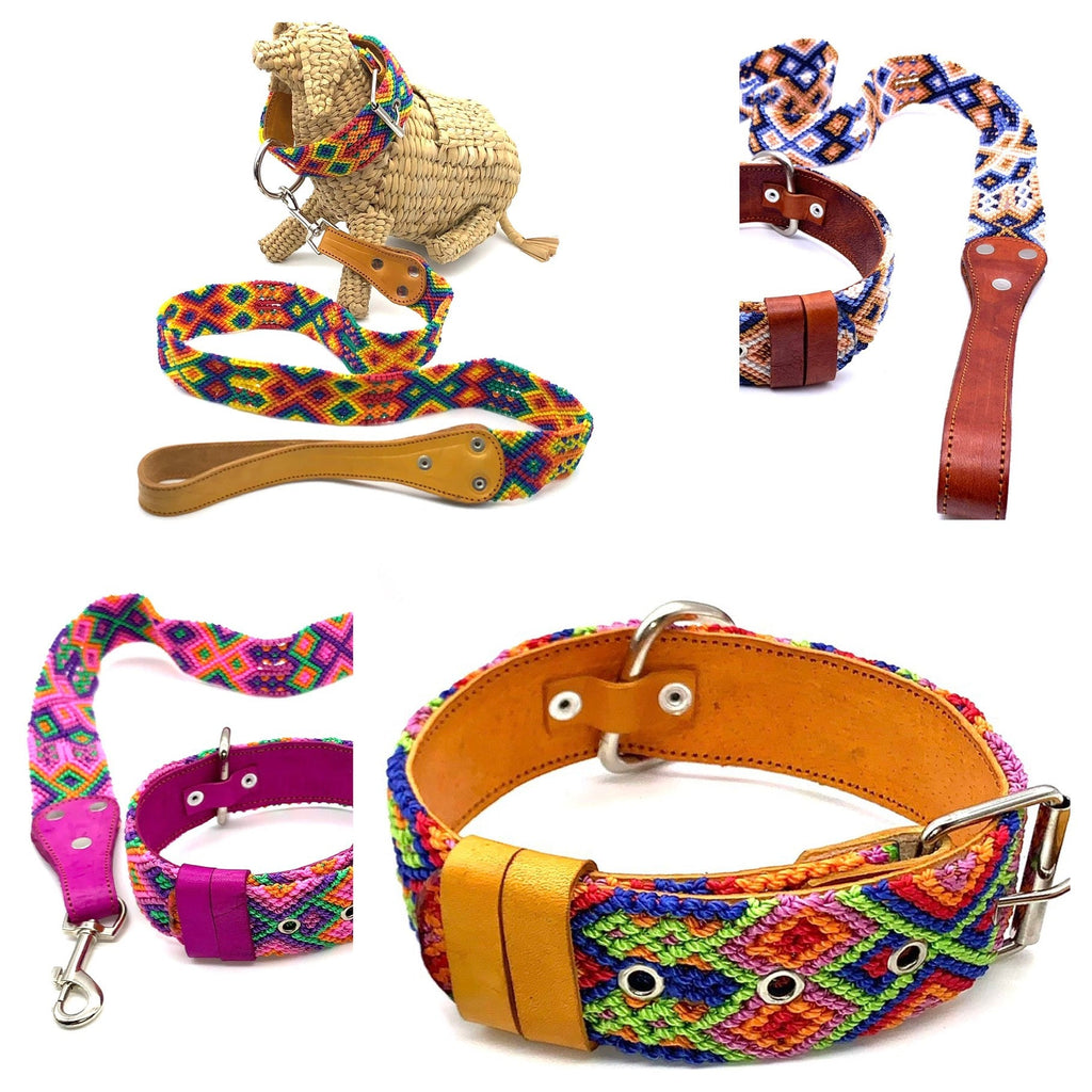 55cm Hand Made Embroidered Leather Mexican Dog Collar and Lead S/M (39cm-47cm neck)