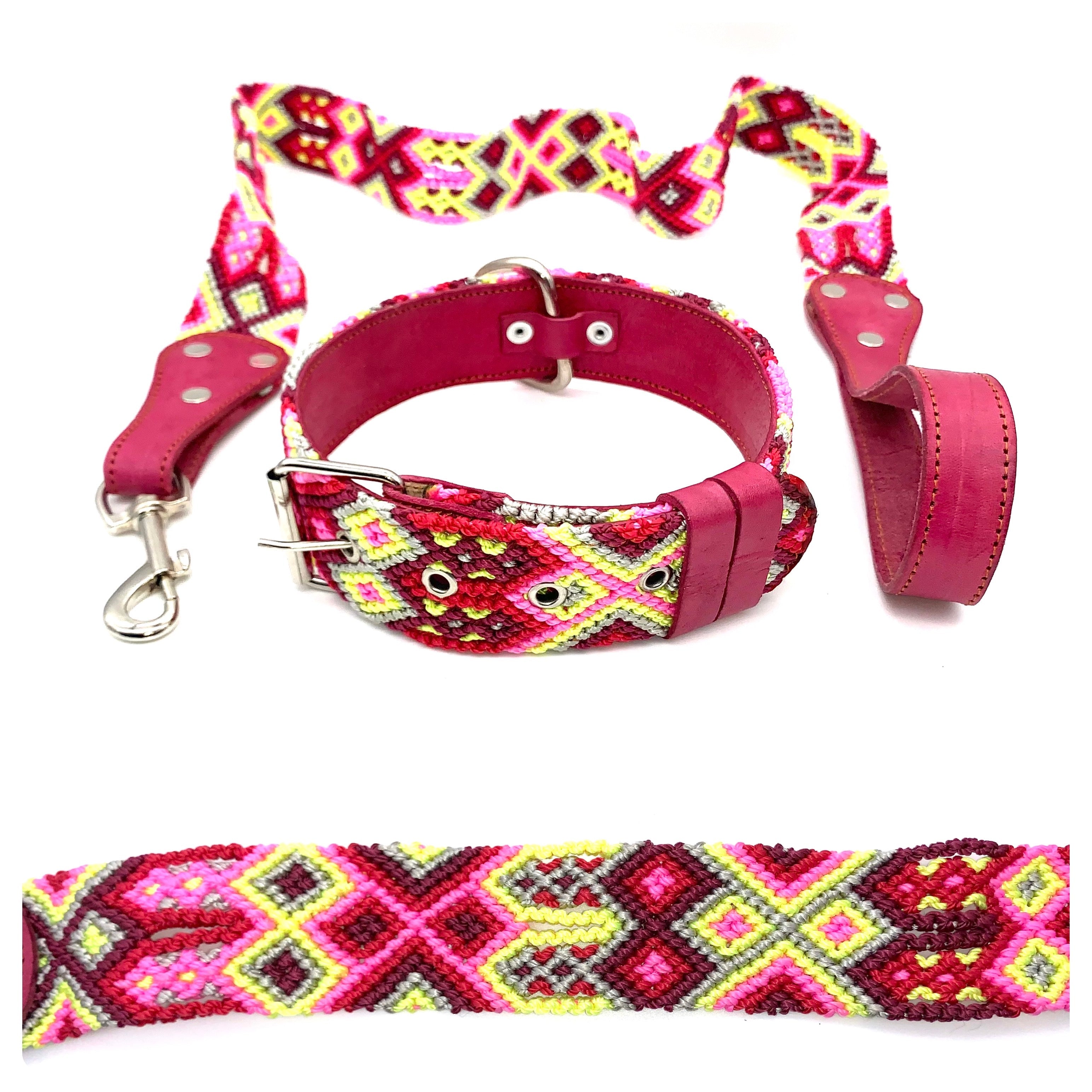 60cm Hand Made Embroidered Leather Mexican Dog Collar and Lead M (44-54cm neck)