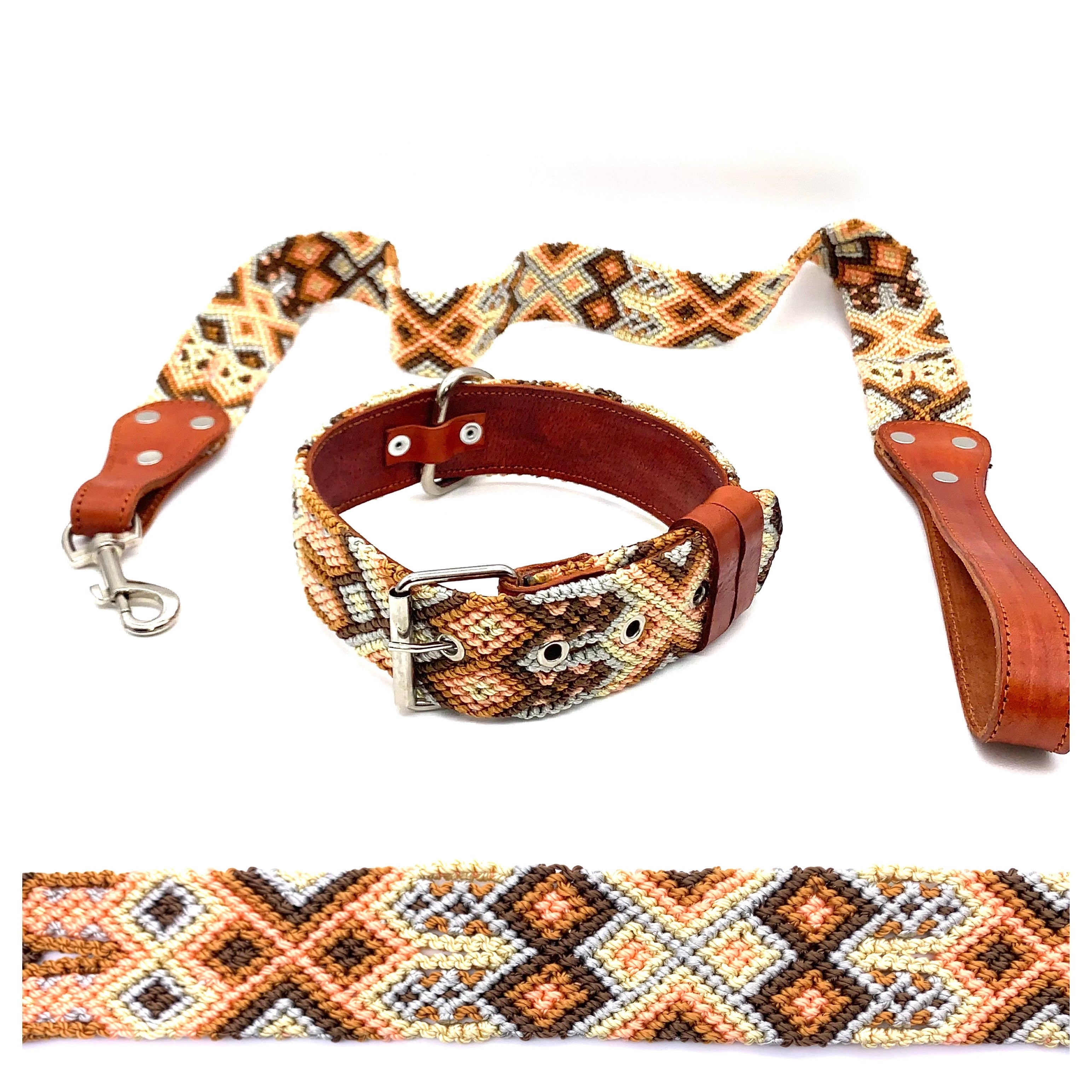 60cm Hand Made Embroidered Leather Mexican Dog Collar and Lead M (44-54cm neck)