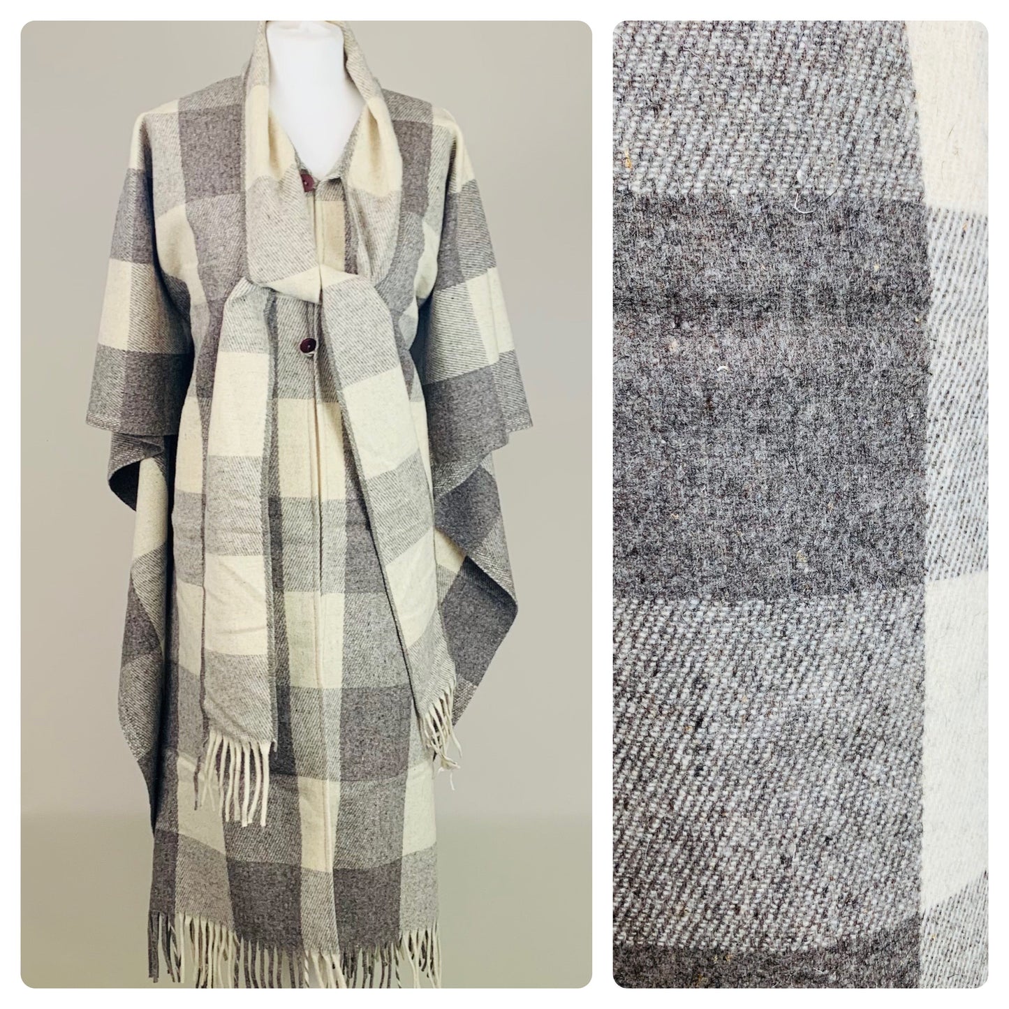 75% OFF - Vintage 100% Wool Mexican Poncho with Integrated Scarf