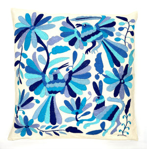 Exquisite Hand Embroidered Otomi Cushion Cover - Blue (45x45cm)