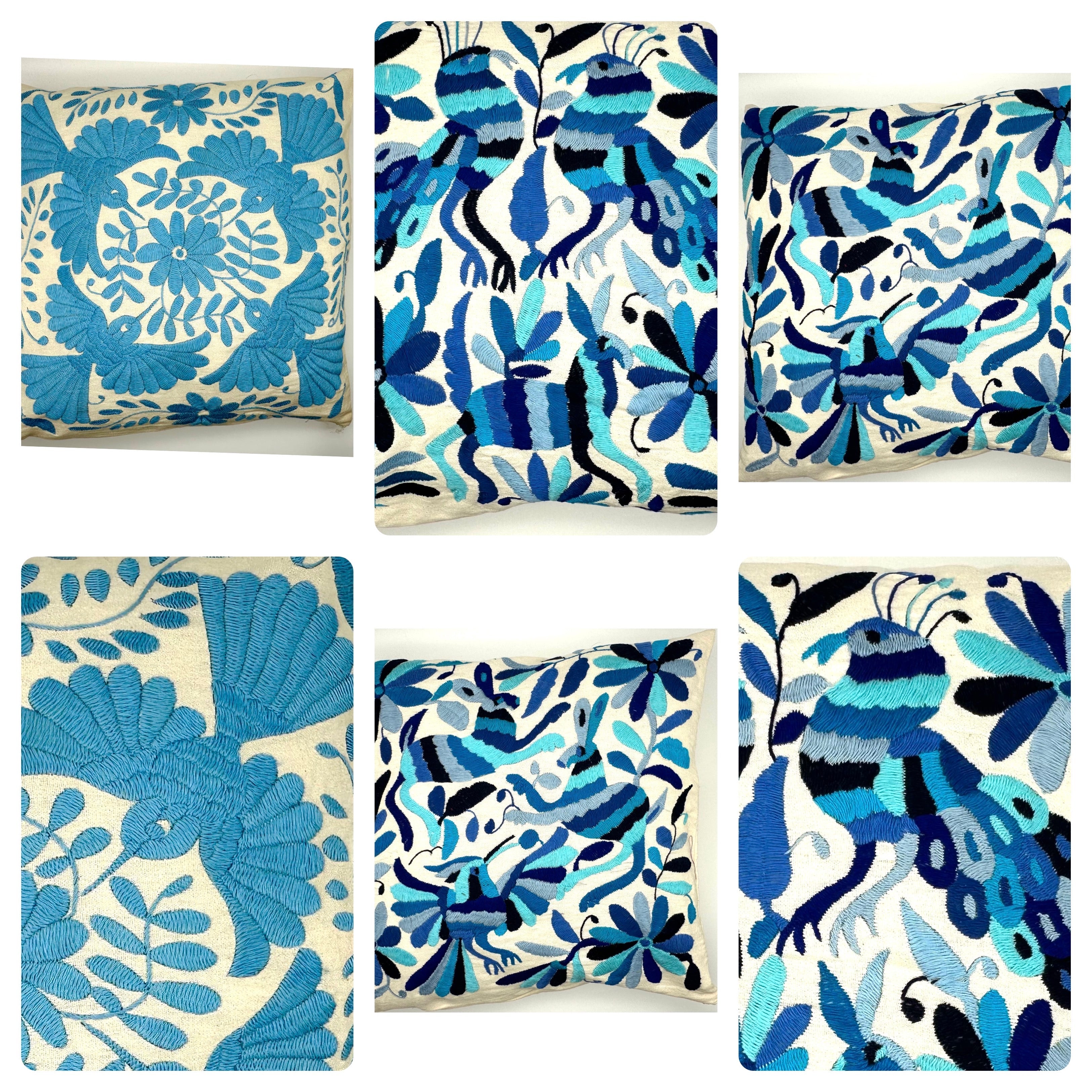 Housse de Coussin Otomi Exquise Brodée à la Main - Bleu (45x45cm)