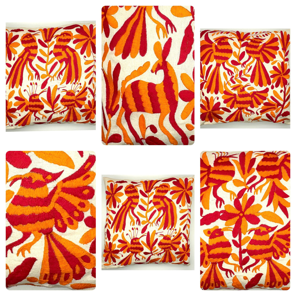 Exquisite Hand Embroidered Otomi Cushion Cover - Pink/Orange (45x45cm)