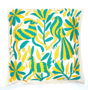 Exquisite Hand Embroidered Otomi Cushion Cover - Yellow/Green (45x45cm)