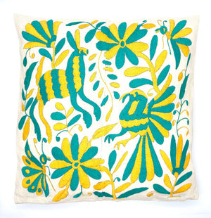 Exquisite Hand Embroidered Otomi Cushion Cover - Yellow/Green (45x45cm)