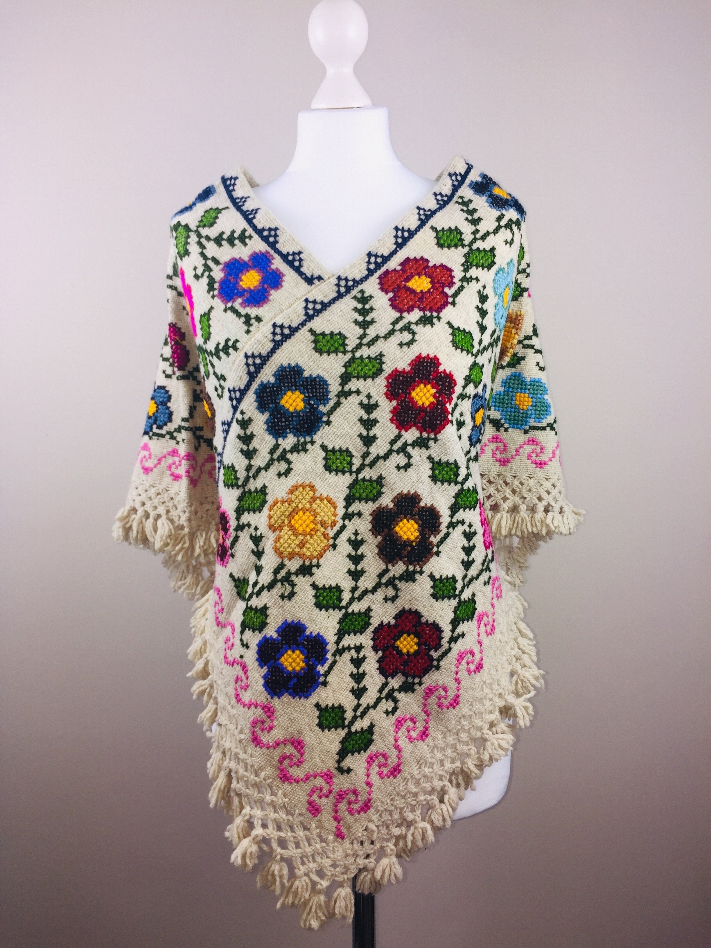 Flowers with 5 petals Design 100% Mexican Wool Poncho Cape