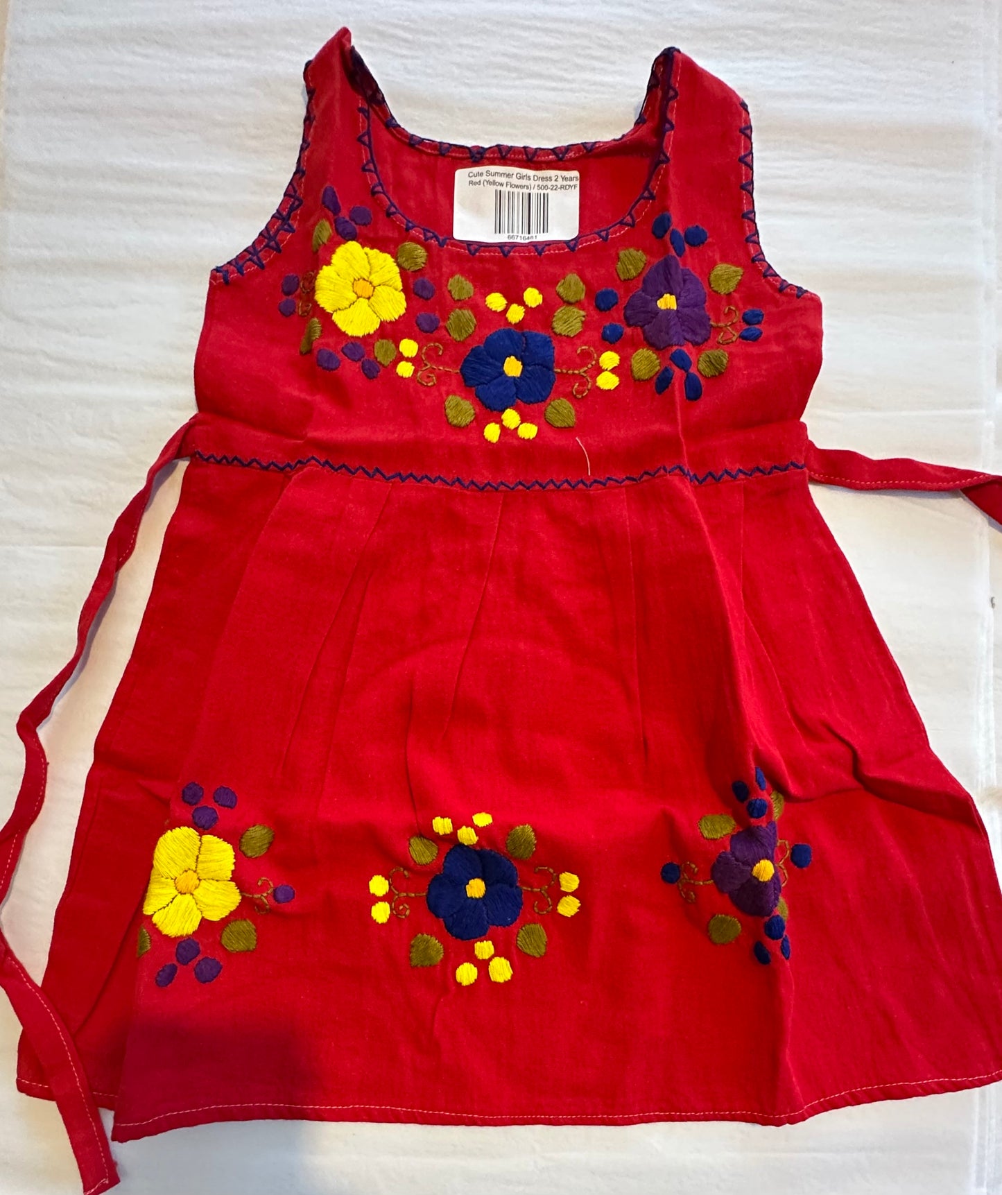 Handmade Mexican Embroidered Girls Summer Dress – Age 2 Years – Lightweight Cotton Fiesta Dress