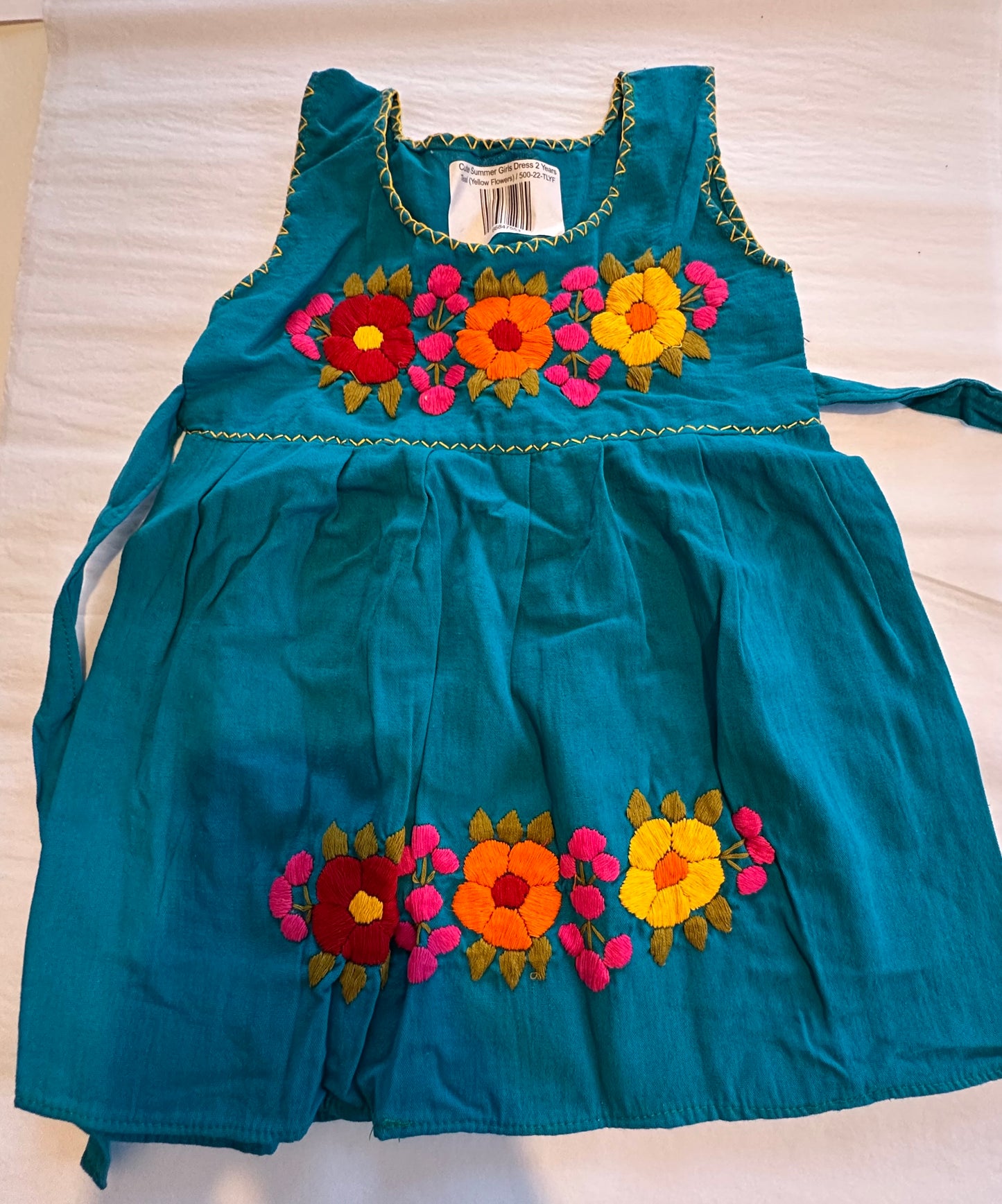 Handmade Mexican Embroidered Girls Summer Dress – Age 2 Years – Lightweight Cotton Fiesta Dress