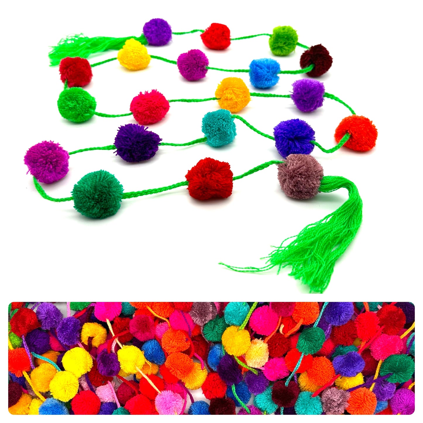 Handmade Mexican Multi Colour Pom Pom Garland – 1.5m Colourful Fiesta Decoration (20 Pom Poms)