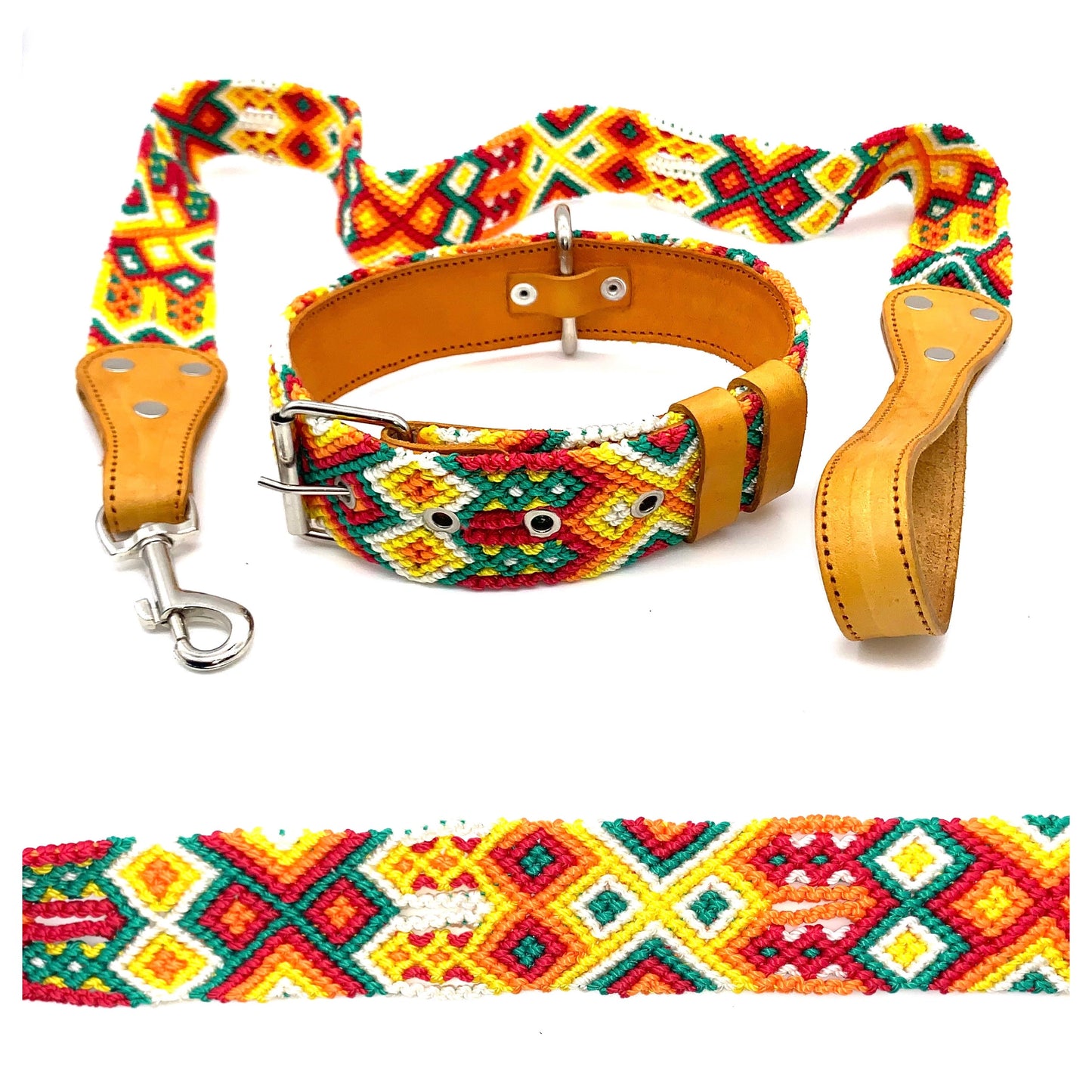 Mexican Embroidered Leather Dog Collar & Lead Set – Medium (44–54cm Neck) – 60cm Collar