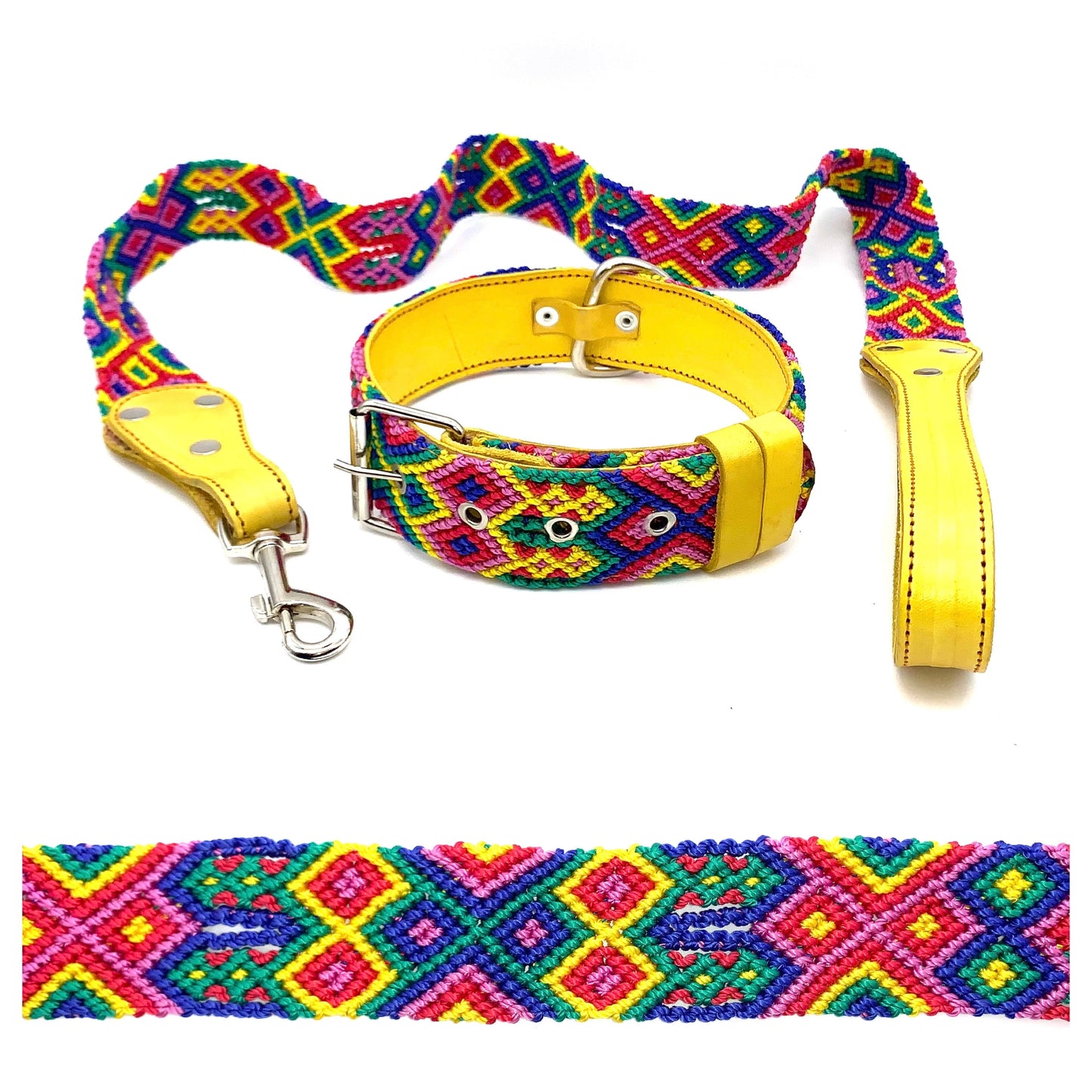 Mexican Embroidered Leather Dog Collar & Lead Set – Medium (44–54cm Neck) – 60cm Collar