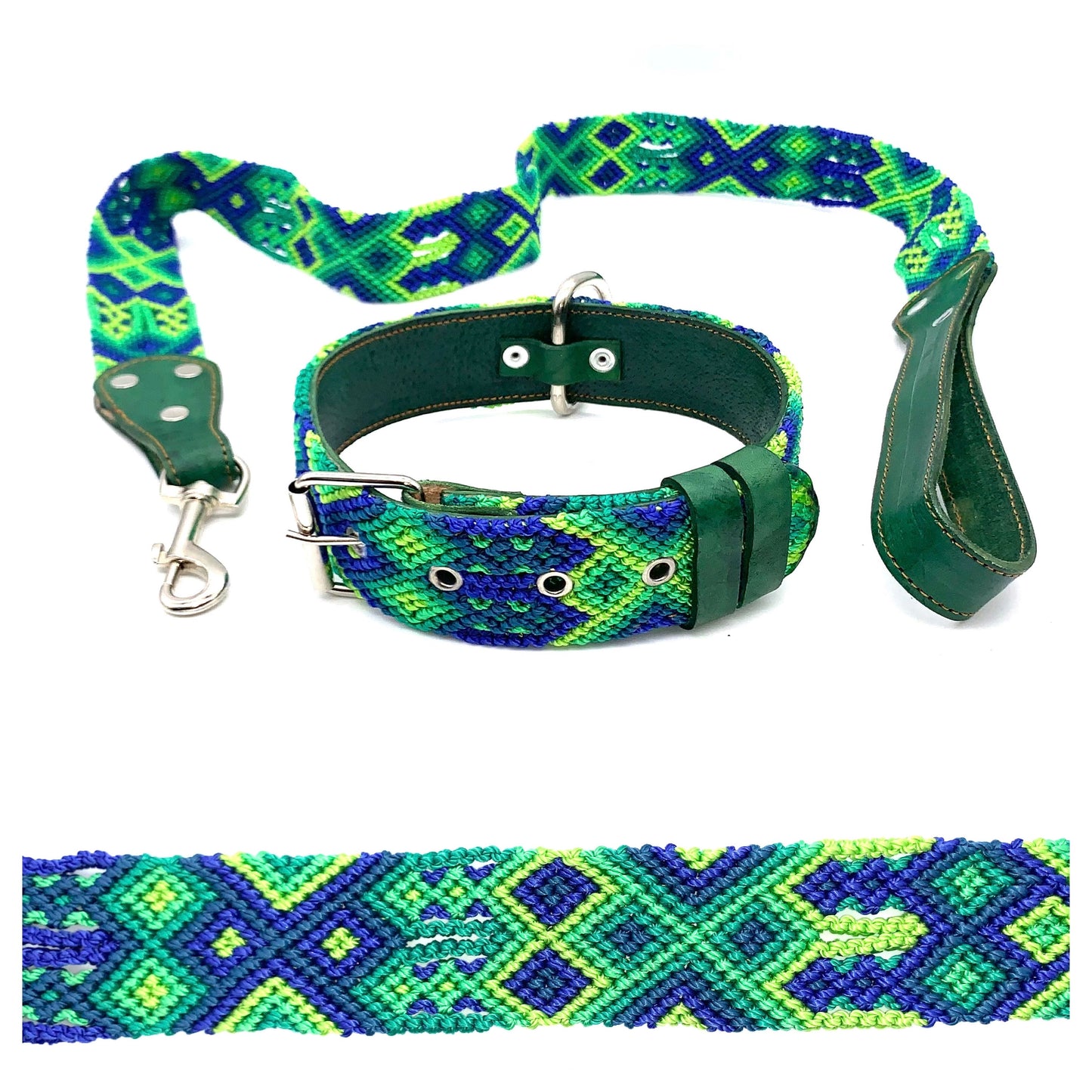 Mexican Embroidered Leather Dog Collar & Lead Set – Medium (44–54cm Neck) – 60cm Collar