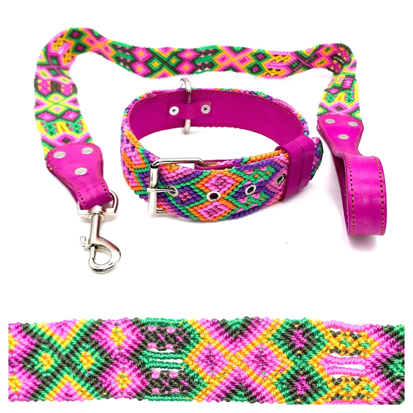 Mexican Embroidered Leather Dog Collar & Lead Set – Medium (44–54cm Neck) – 60cm Collar