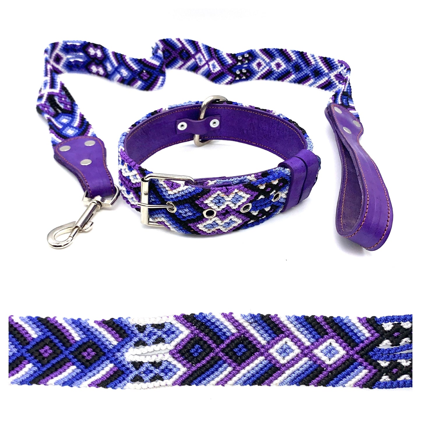 Mexican Embroidered Leather Dog Collar & Lead Set – Medium (44–54cm Neck) – 60cm Collar