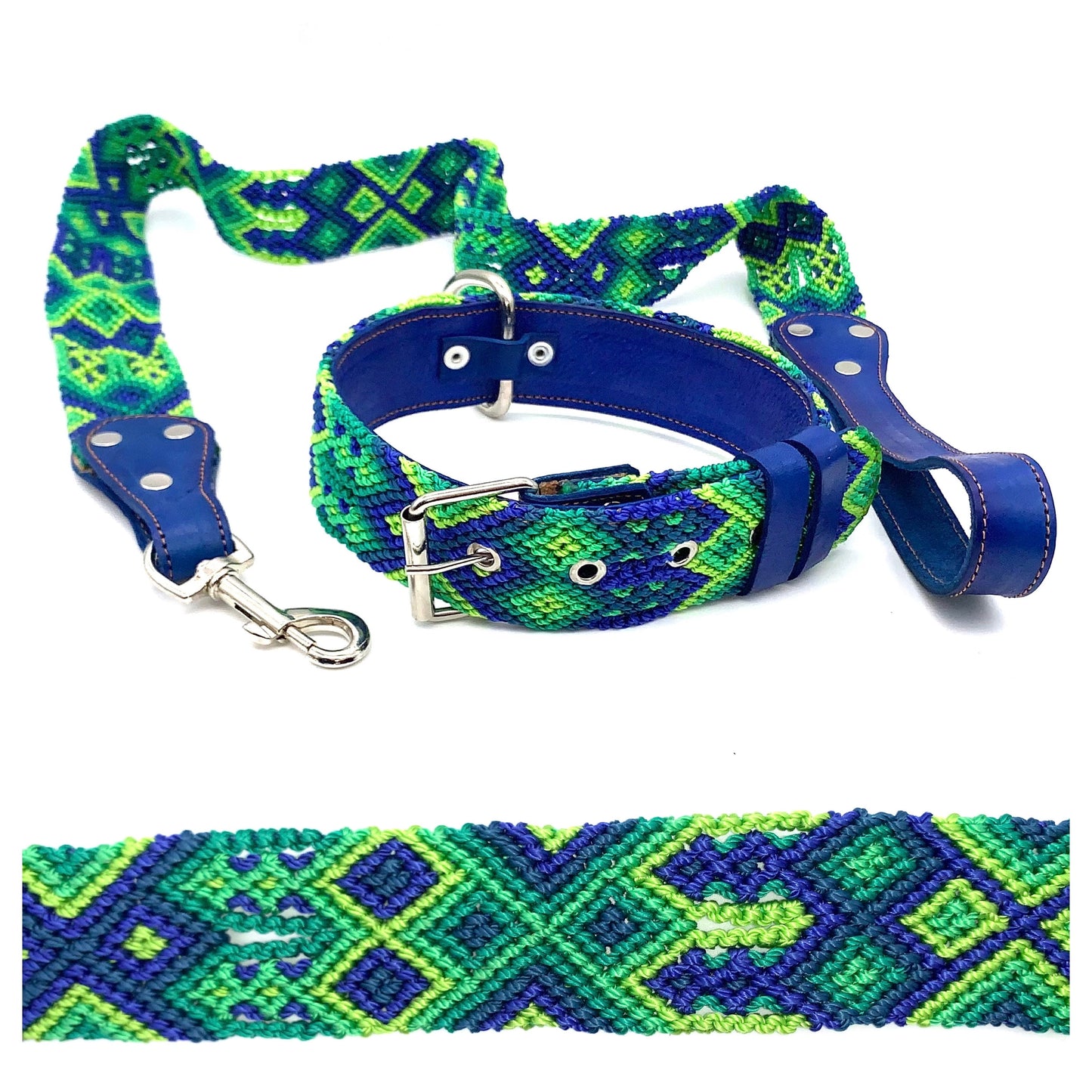 Mexican Embroidered Leather Dog Collar & Lead Set – Medium (44–54cm Neck) – 60cm Collar