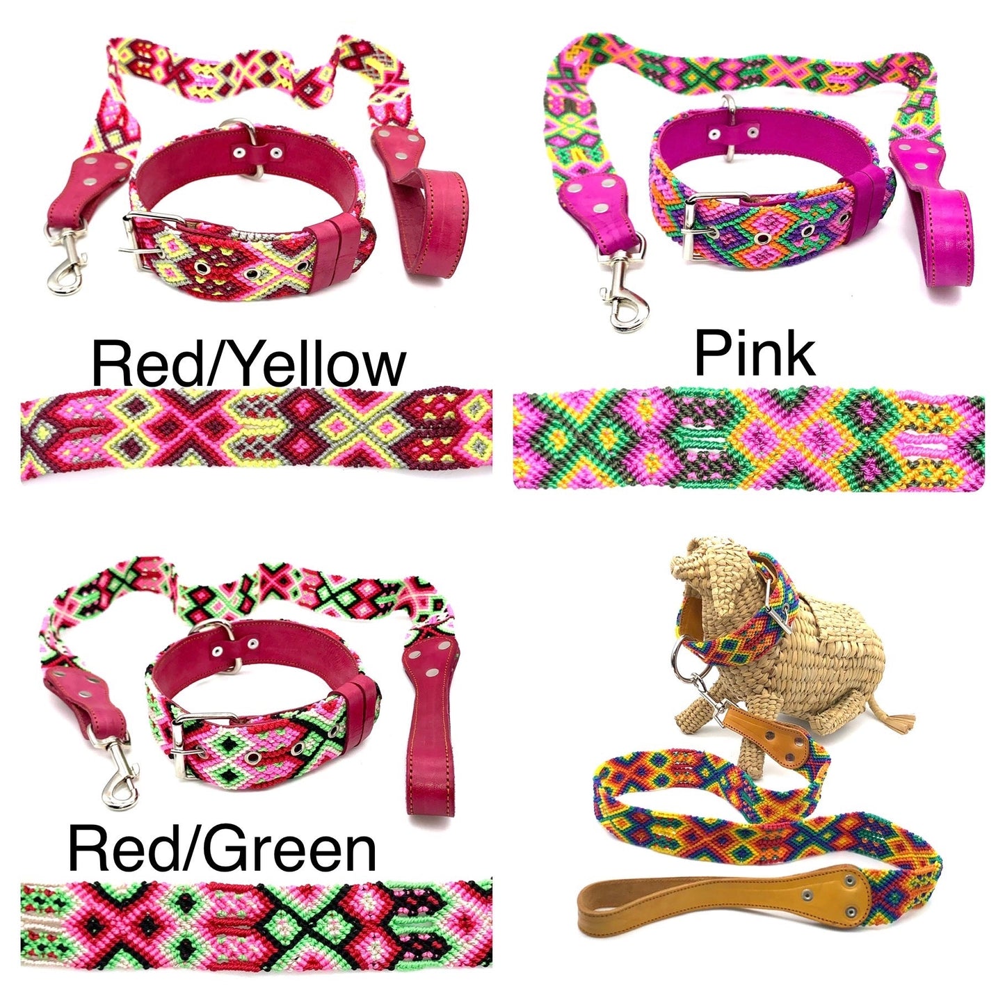 Mexican Embroidered Leather Dog Collar & Lead Set – Medium (44–54cm Neck) – 60cm Collar