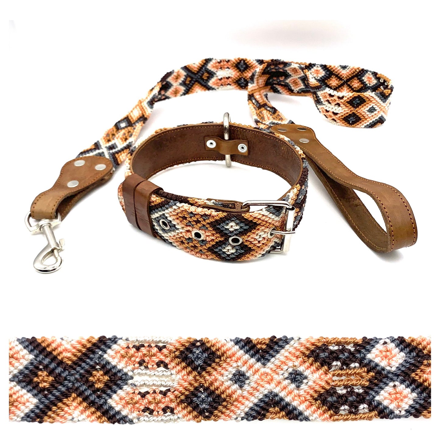 Mexican Embroidered Leather Dog Collar & Lead Set – Medium (44–54cm Neck) – 60cm Collar