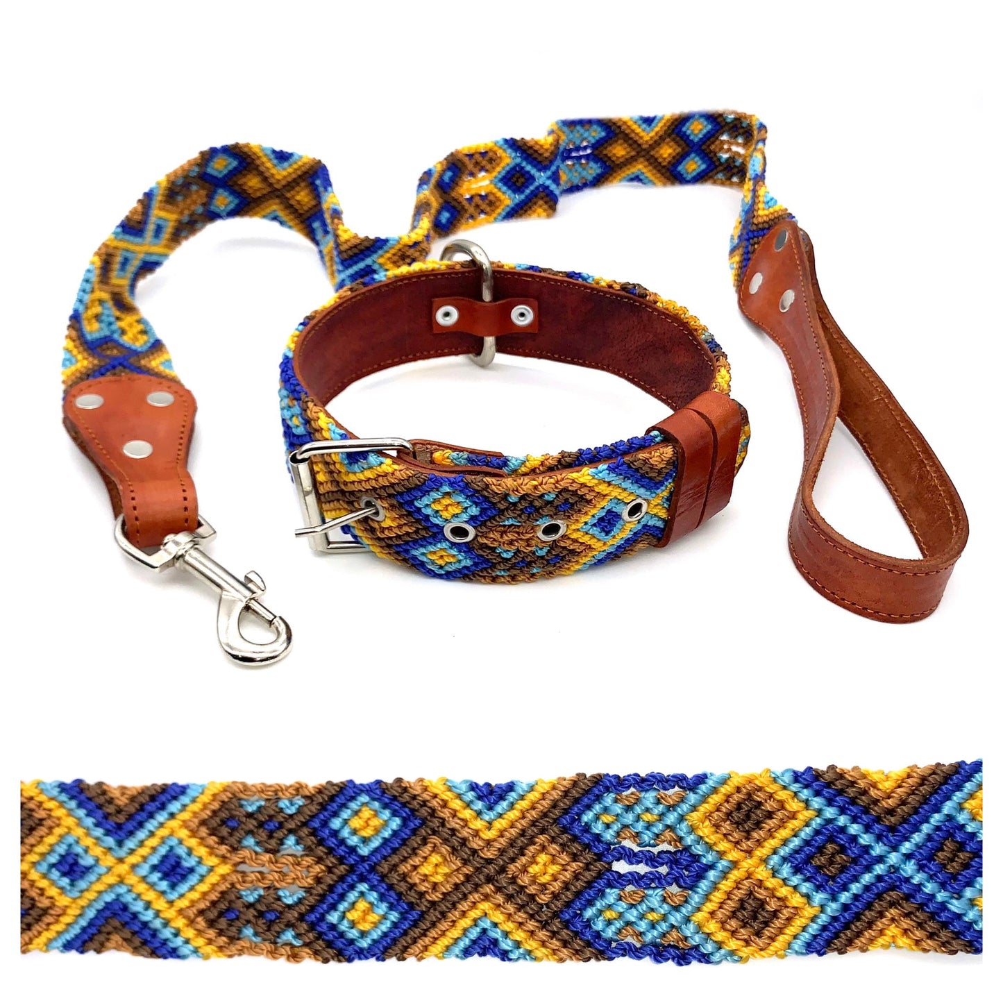 Mexican Embroidered Leather Dog Collar & Lead Set – Medium (44–54cm Neck) – 60cm Collar