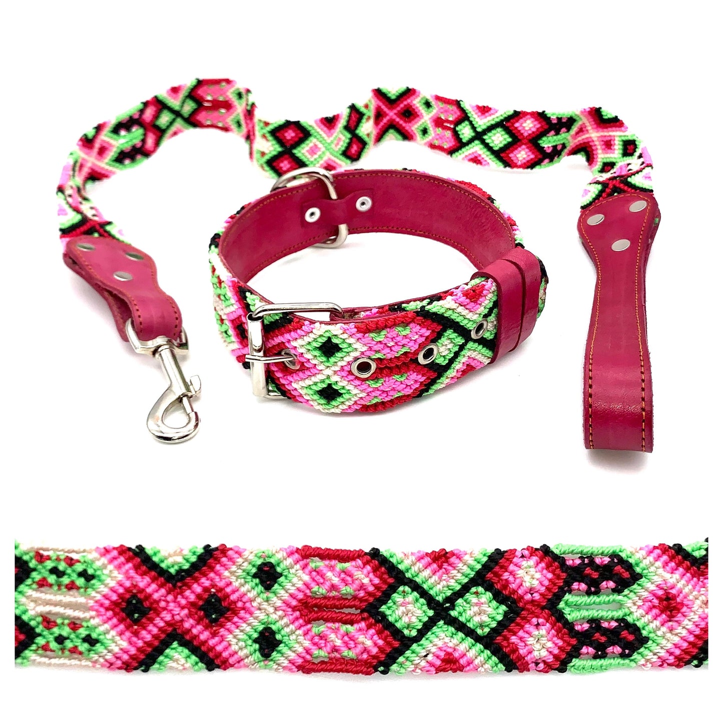 Mexican Embroidered Leather Dog Collar & Lead Set – Medium (44–54cm Neck) – 60cm Collar