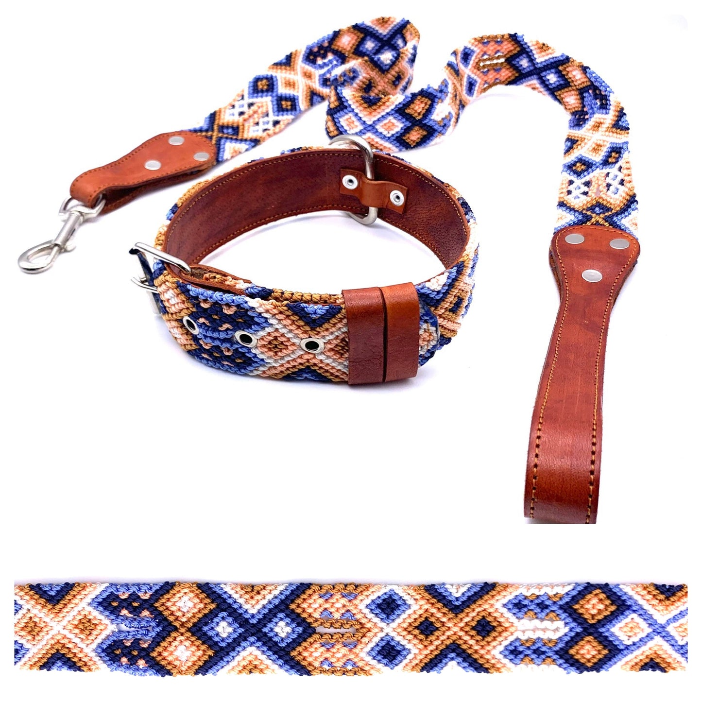 Mexican Embroidered Leather Dog Collar & Lead Set – Medium (44–54cm Neck) – 60cm Collar