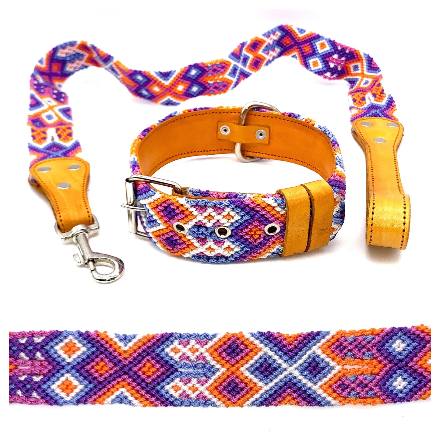 Mexican Embroidered Leather Dog Collar & Lead Set – Medium (44–54cm Neck) – 60cm Collar
