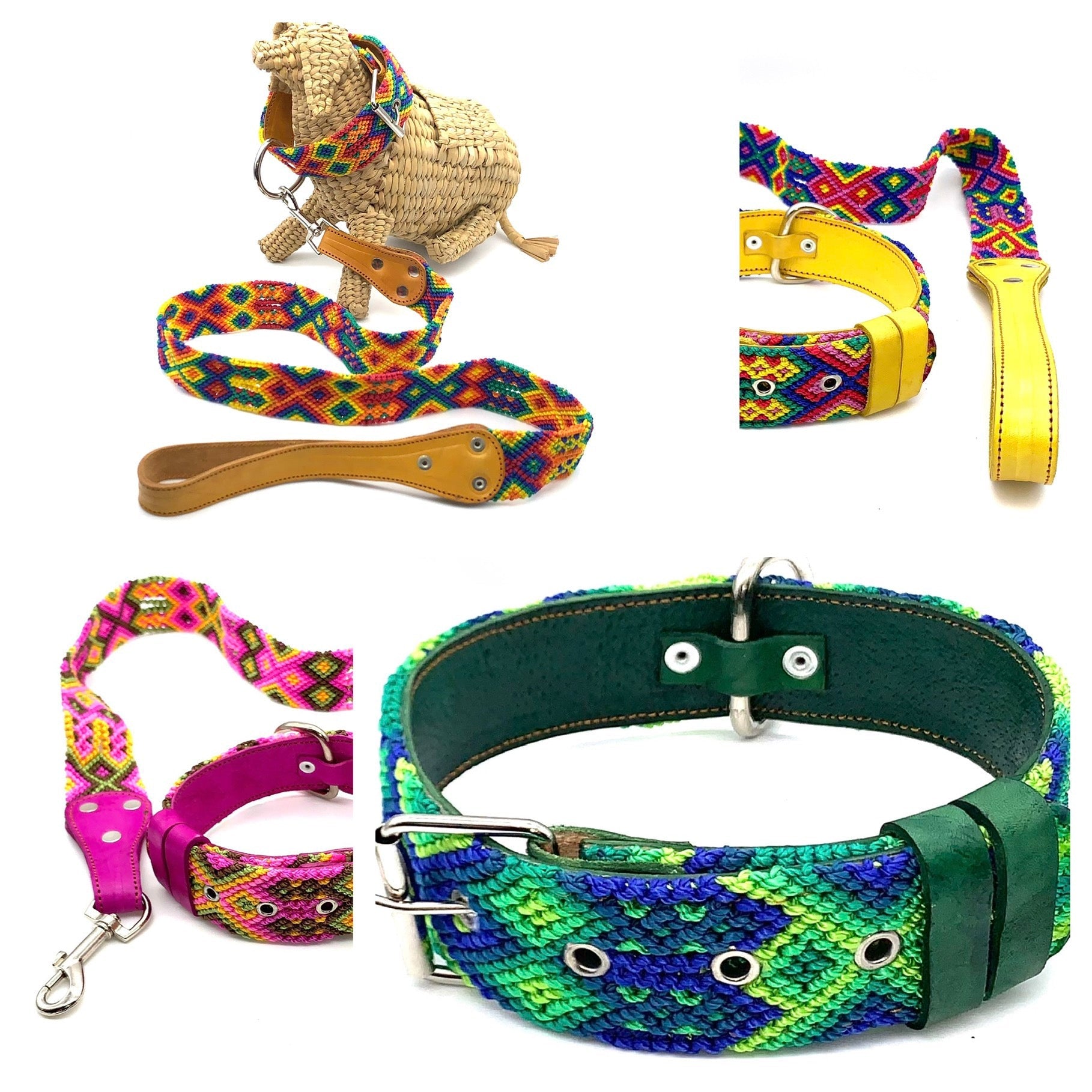 Mexican Embroidered Leather Dog Collar & Lead Set – Medium (44–54cm Neck) – 60cm Collar