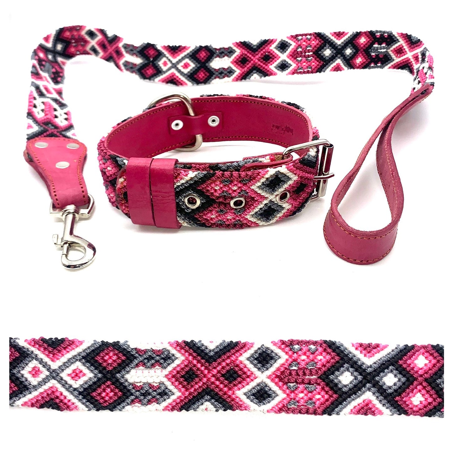 Mexican Embroidered Leather Dog Collar & Lead Set – S/M (39–47cm Neck) – 55cm Collar