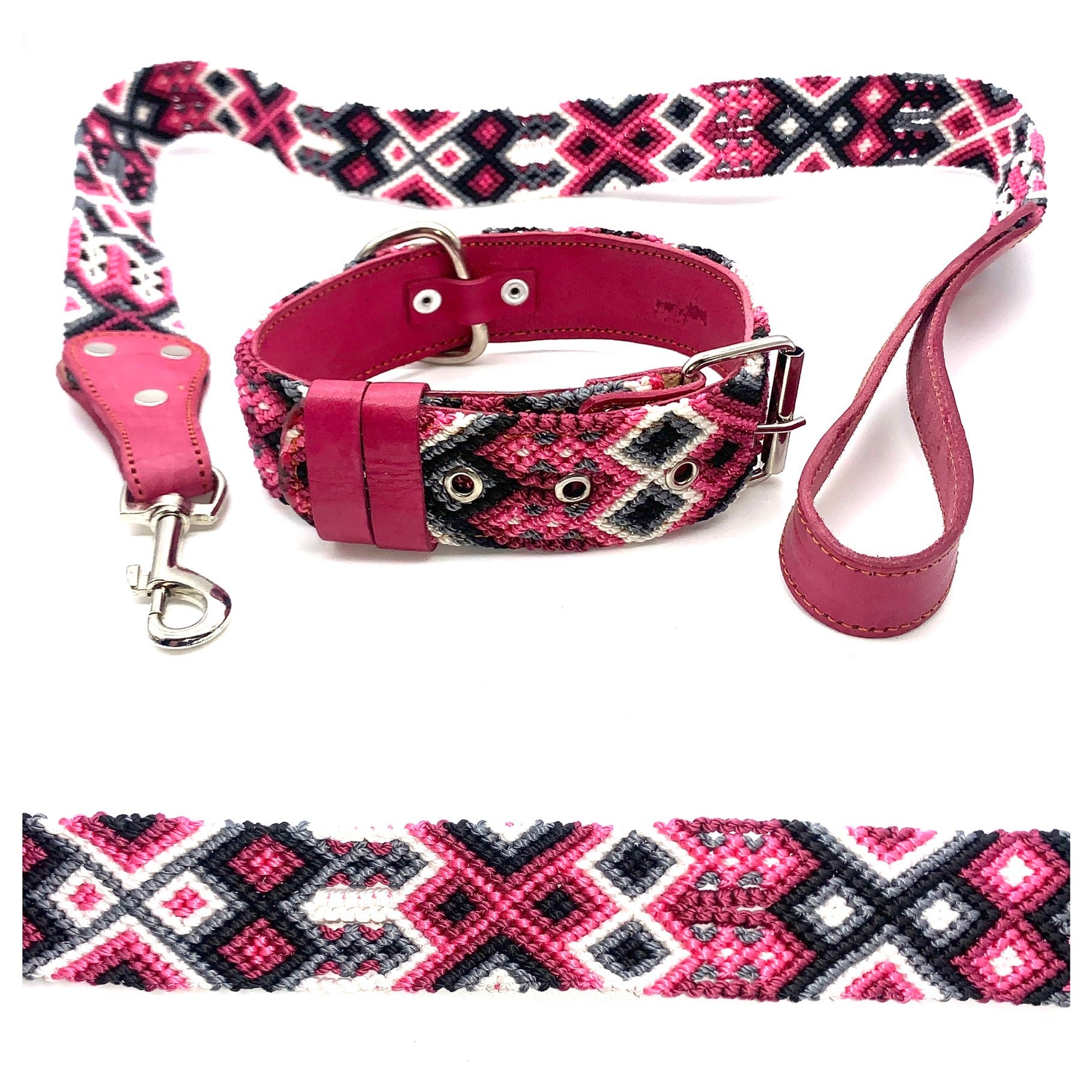 Mexican Embroidered Leather Dog Collar & Lead Set – S/M (39–47cm Neck) – 55cm Collar