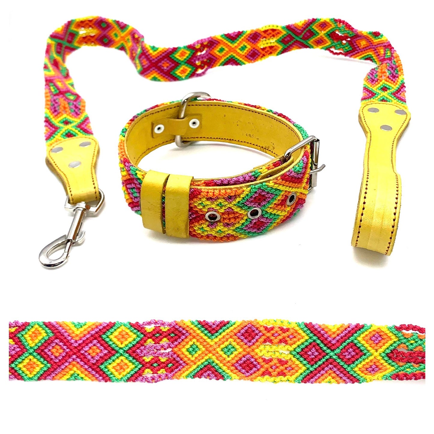 Mexican Embroidered Leather Dog Collar & Lead Set – S/M (39–47cm Neck) – 55cm Collar