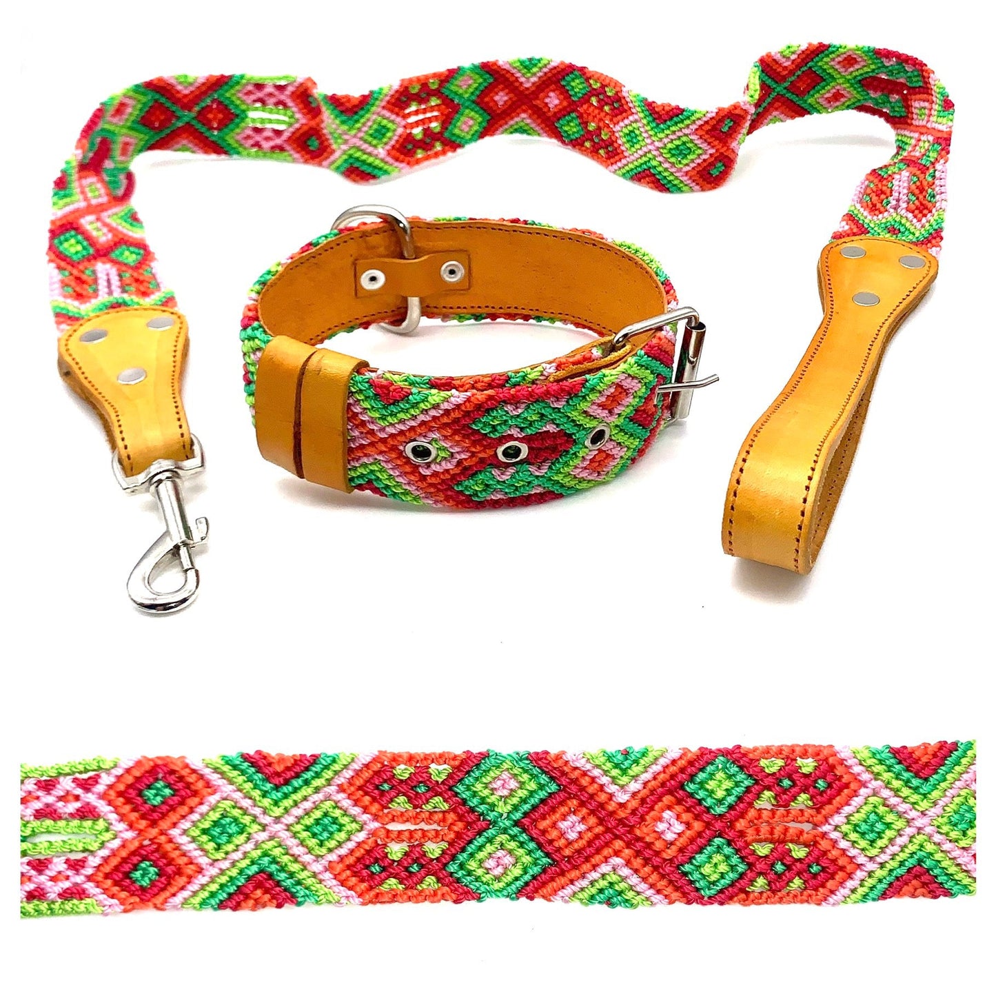 Mexican Embroidered Leather Dog Collar & Lead Set – S/M (39–47cm Neck) – 55cm Collar