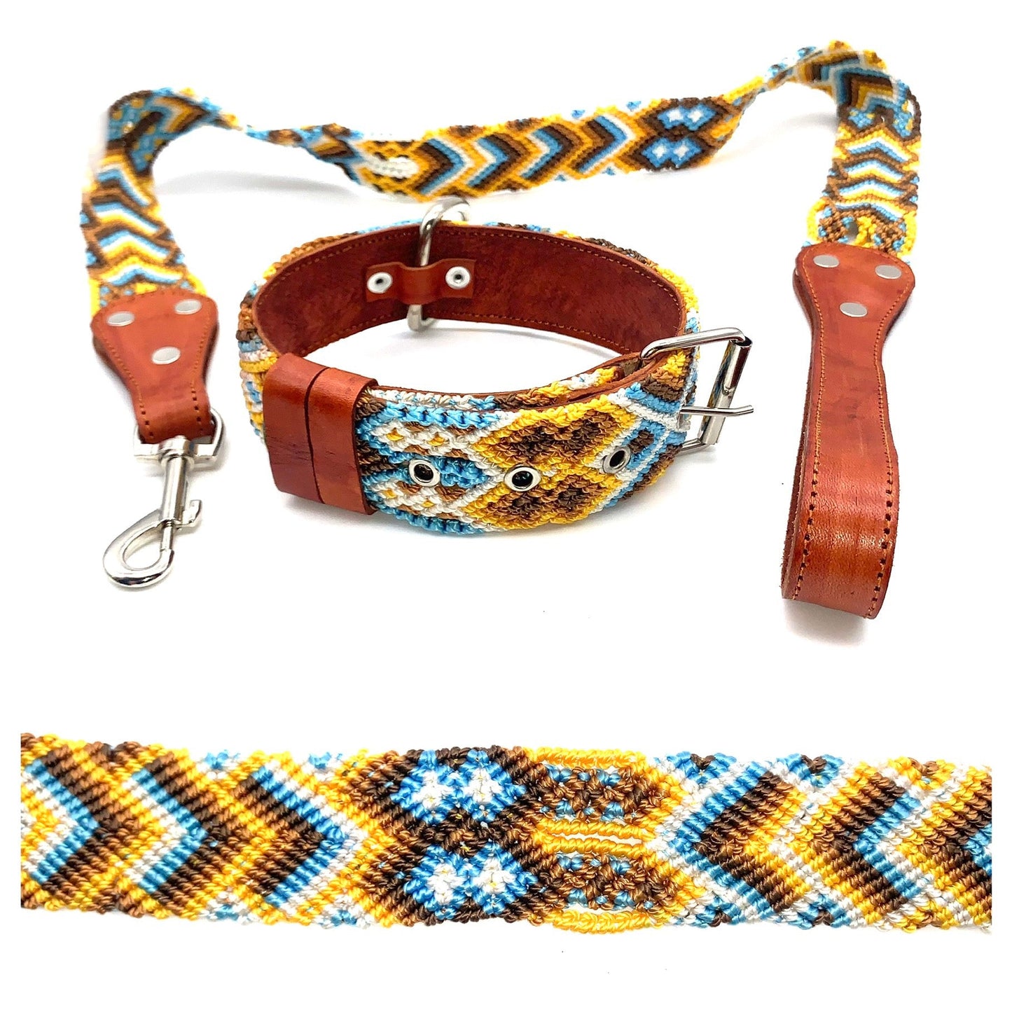 Mexican Embroidered Leather Dog Collar & Lead Set – S/M (39–47cm Neck) – 55cm Collar