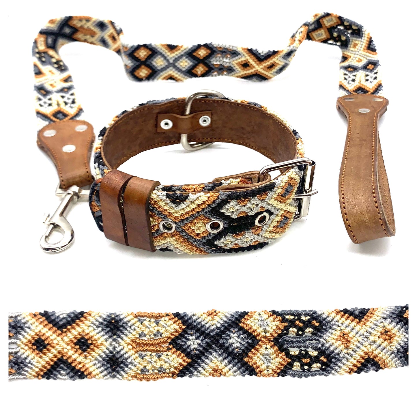 Mexican Embroidered Leather Dog Collar & Lead Set – S/M (39–47cm Neck) – 55cm Collar