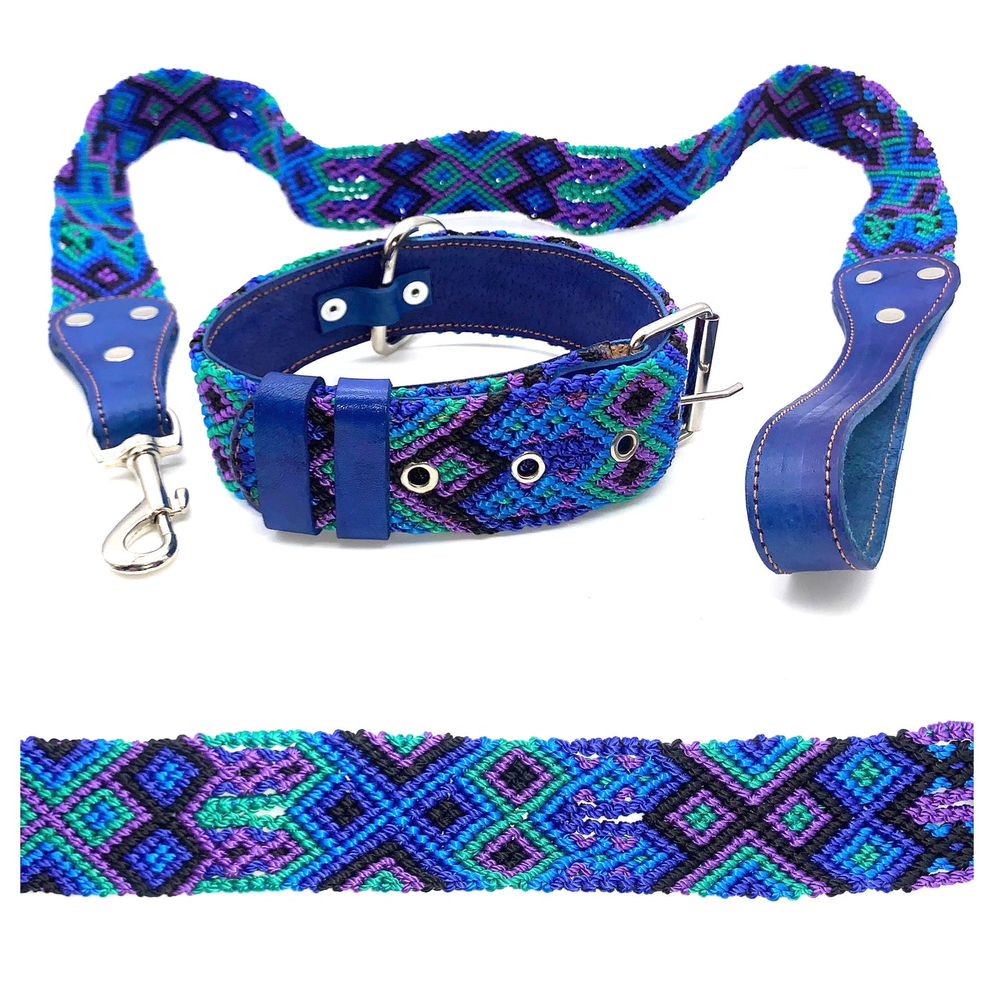 Mexican Embroidered Leather Dog Collar & Lead Set – S/M (39–47cm Neck) – 55cm Collar
