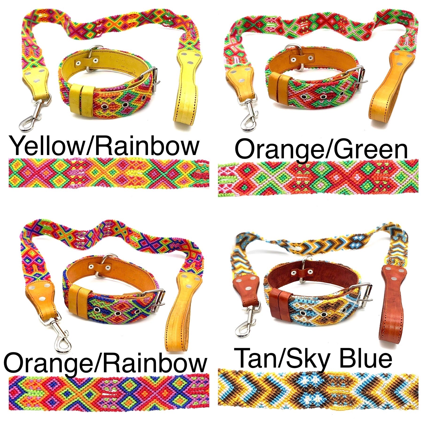 Mexican Embroidered Leather Dog Collar & Lead Set – S/M (39–47cm Neck) – 55cm Collar