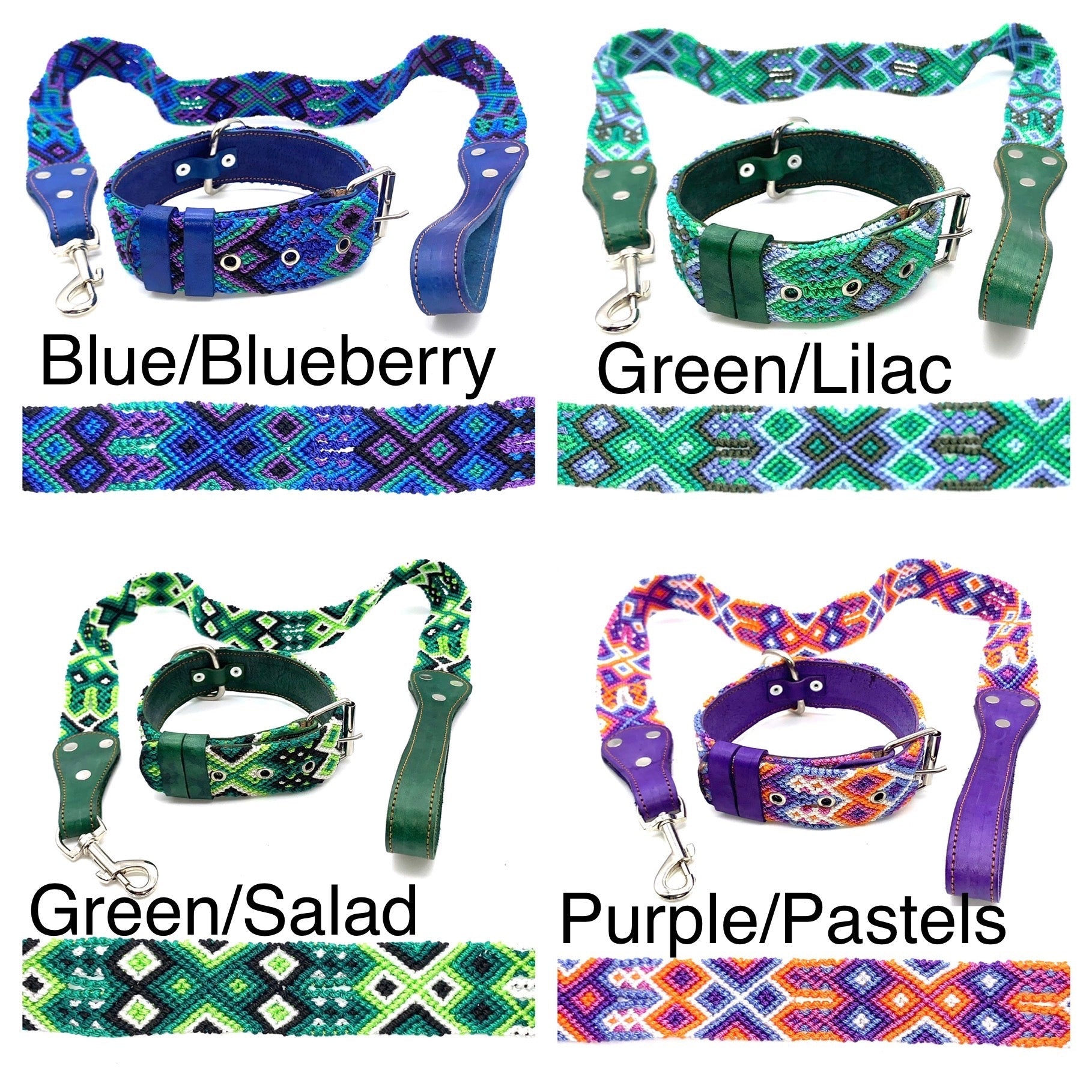 Mexican Embroidered Leather Dog Collar & Lead Set – S/M (39–47cm Neck) – 55cm Collar