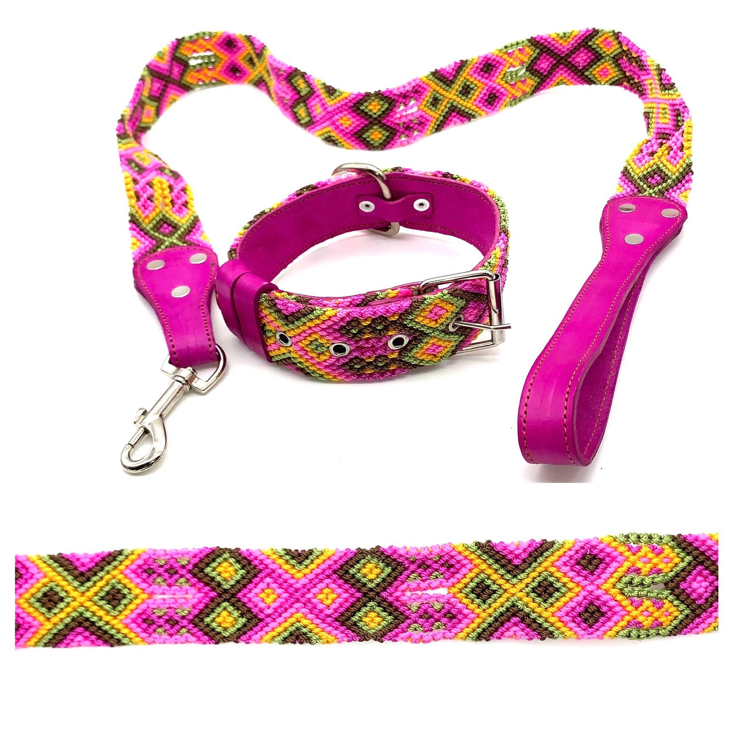 Mexican Embroidered Leather Dog Collar & Lead Set – S/M (39–47cm Neck) – 55cm Collar