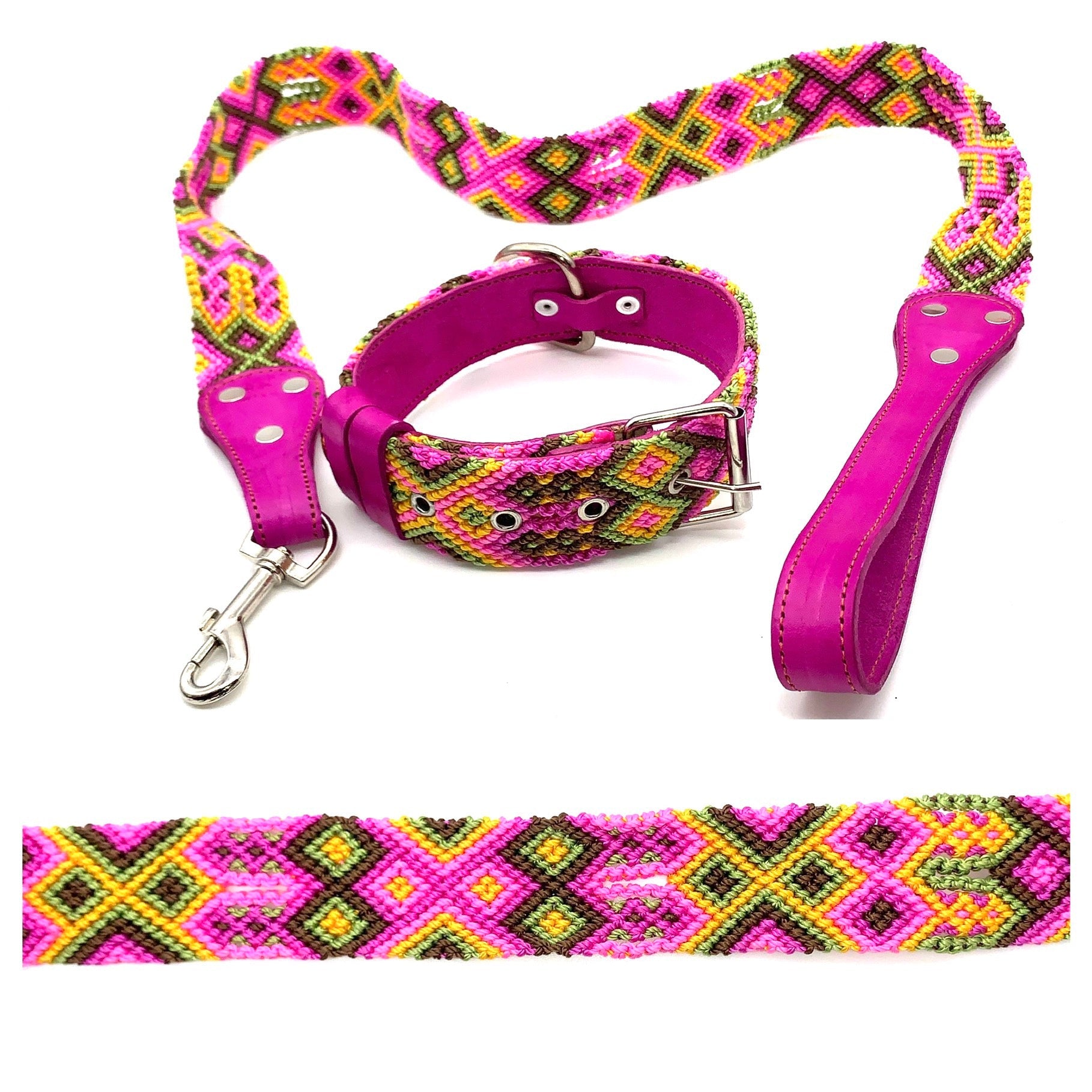 Mexican Embroidered Leather Dog Collar & Lead Set – S/M (39–47cm Neck) – 55cm Collar