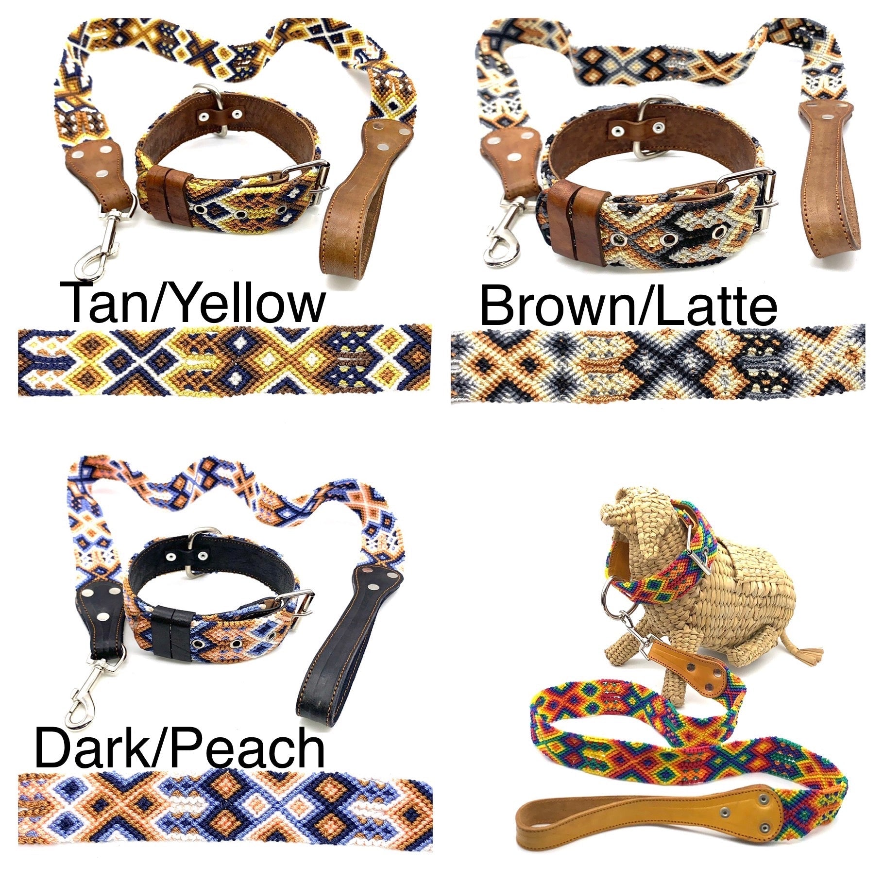 Mexican Embroidered Leather Dog Collar & Lead Set – S/M (39–47cm Neck) – 55cm Collar