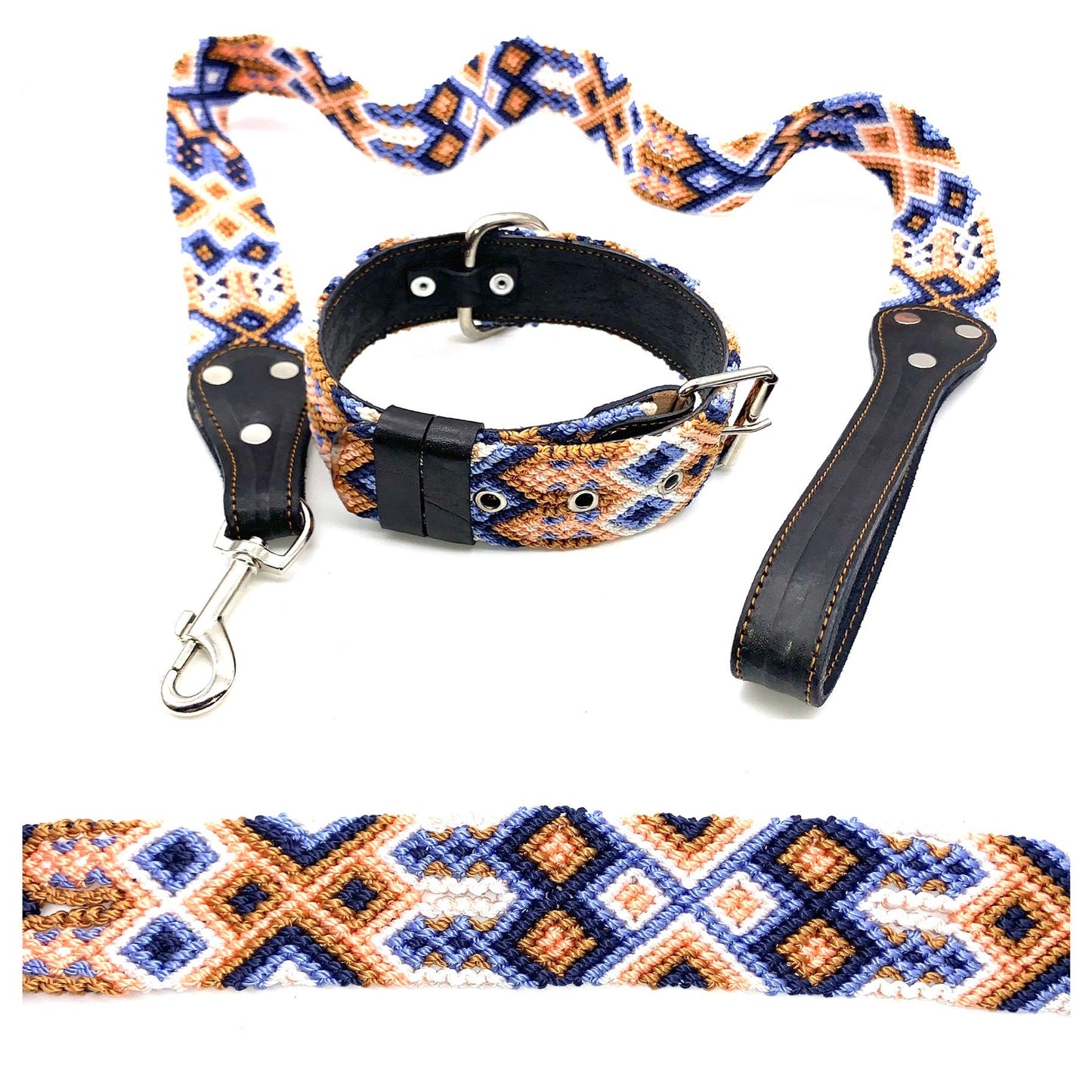Mexican Embroidered Leather Dog Collar & Lead Set – S/M (39–47cm Neck) – 55cm Collar